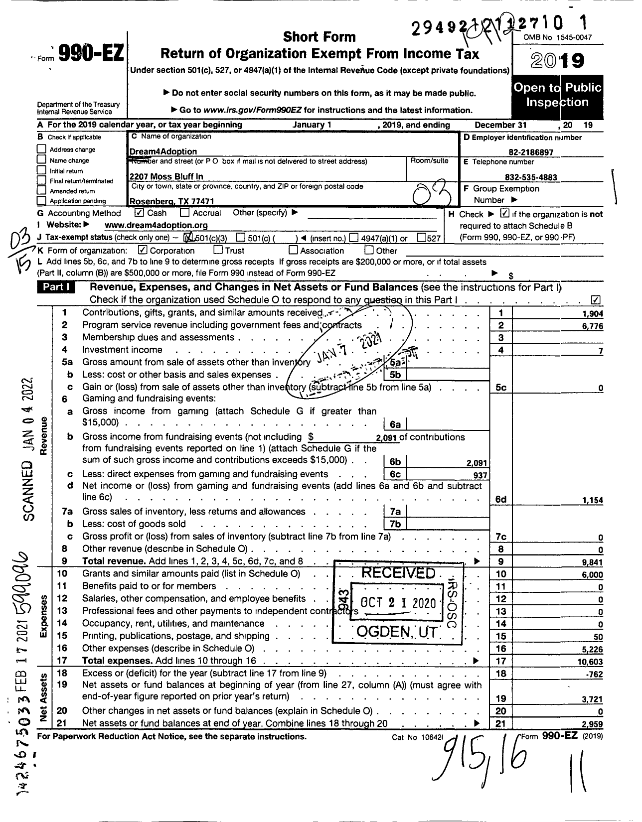 Image of first page of 2019 Form 990EZ for Dream4adoption