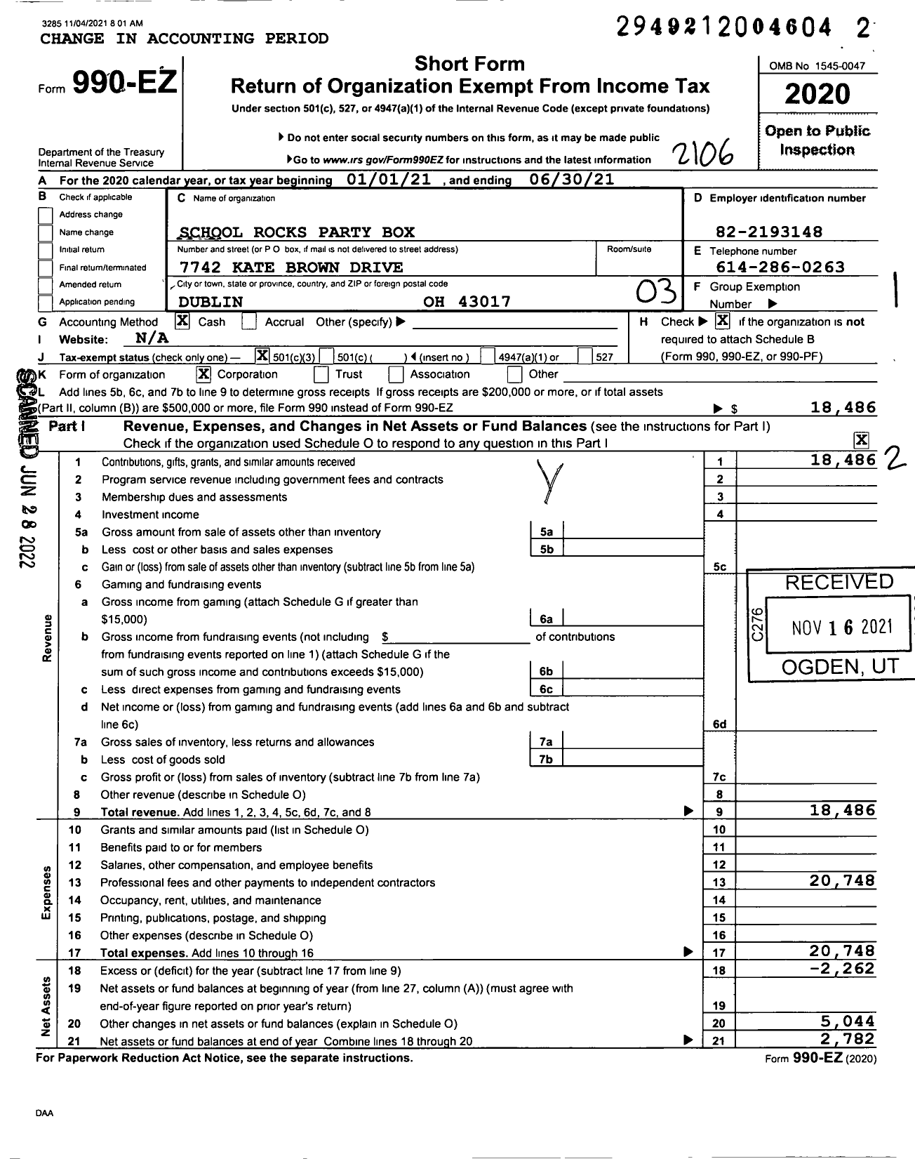 Image of first page of 2020 Form 990EZ for School Rocks Party Box