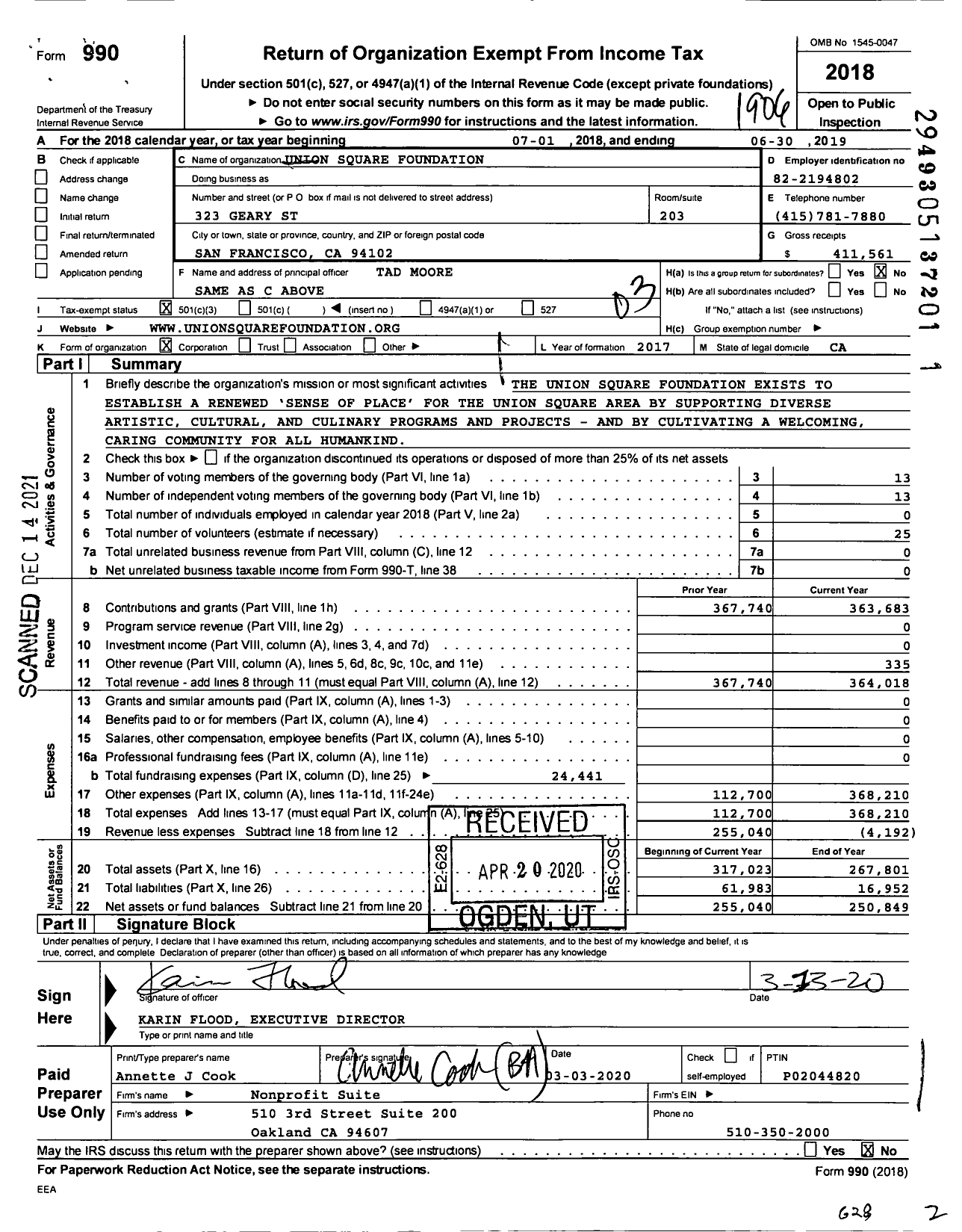 Image of first page of 2018 Form 990 for Union Square Foundation