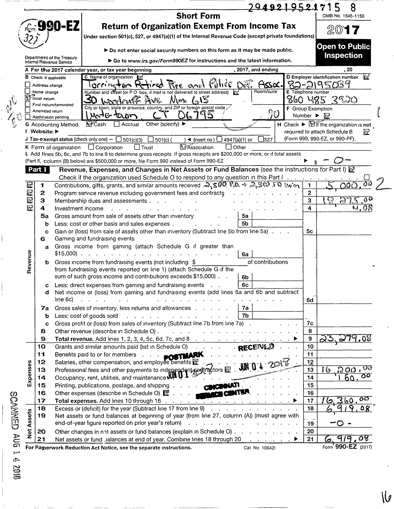 Image of first page of 2017 Form 990EO for Torrington Retired Fire and Police Officers Association