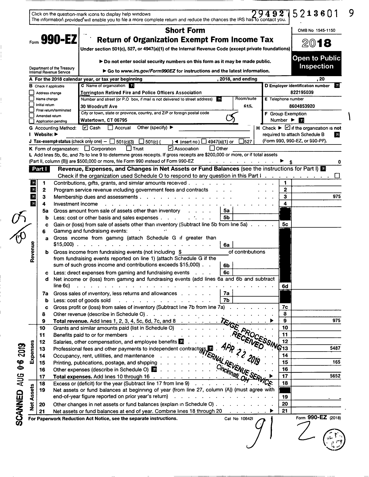 Image of first page of 2018 Form 990EO for Torrington Retired Fire and Police Officers Association