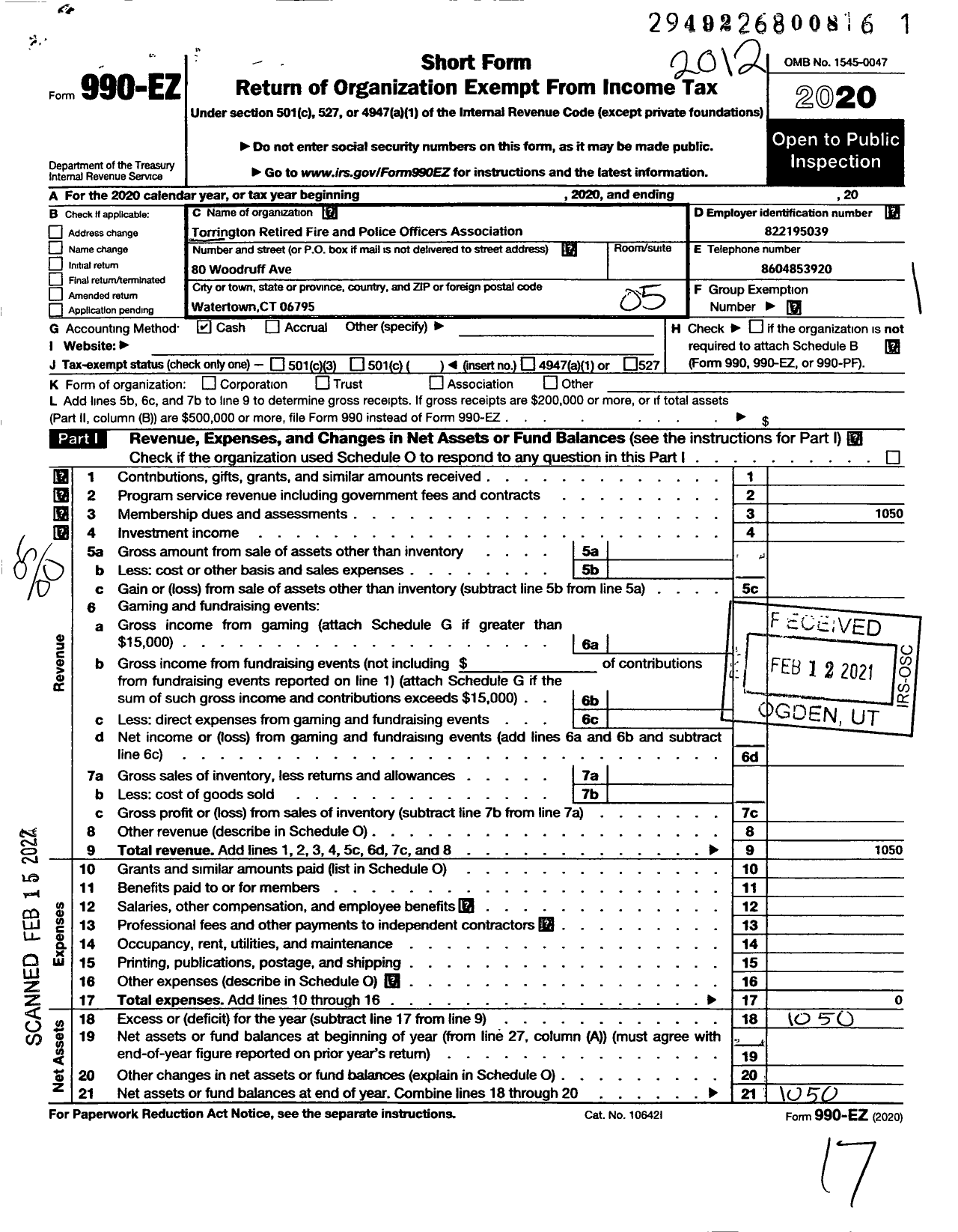 Image of first page of 2020 Form 990EO for Torrington Retired Fire and Police Officers Association