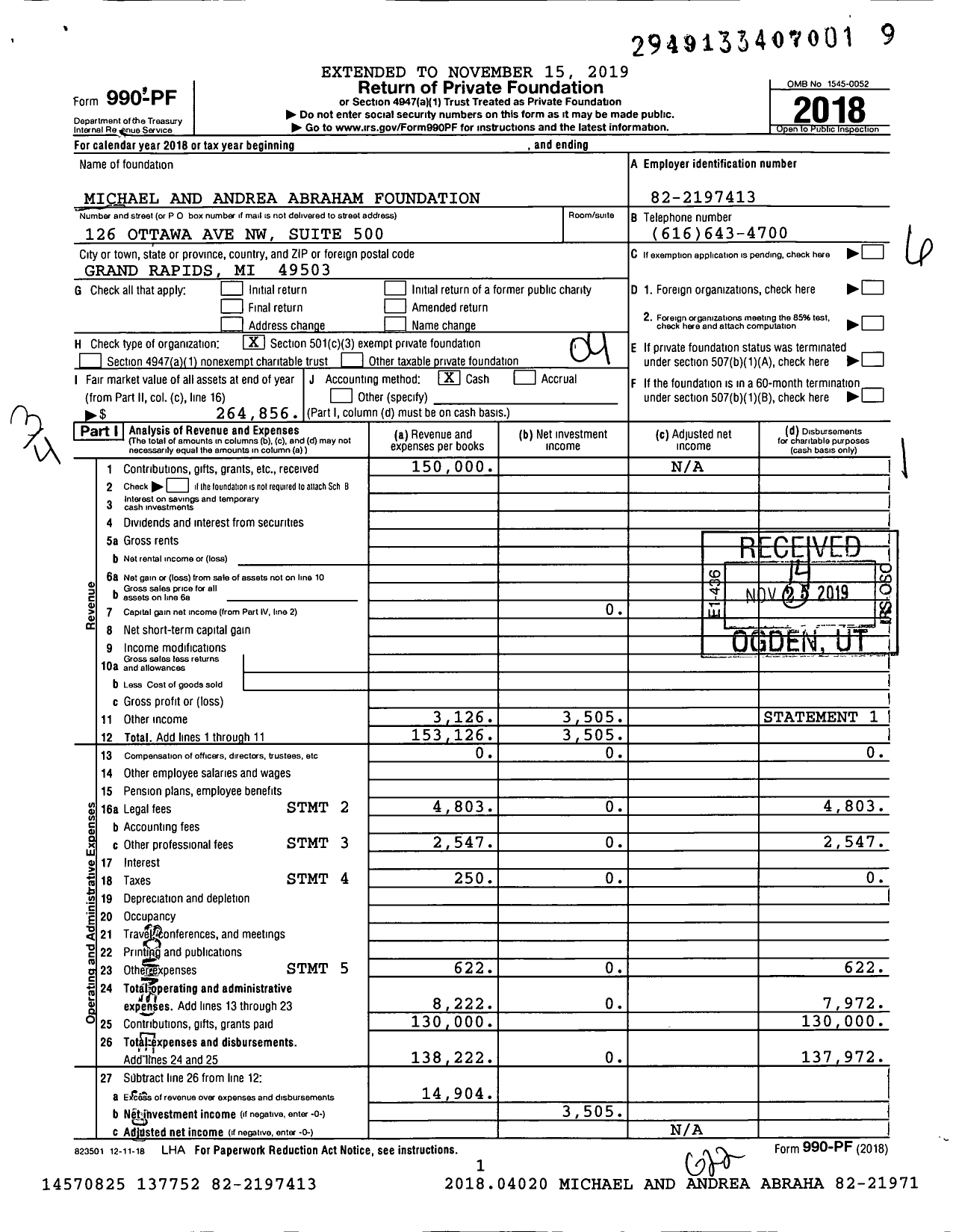 Image of first page of 2018 Form 990PF for Michael and Andrea Abraham Foundation