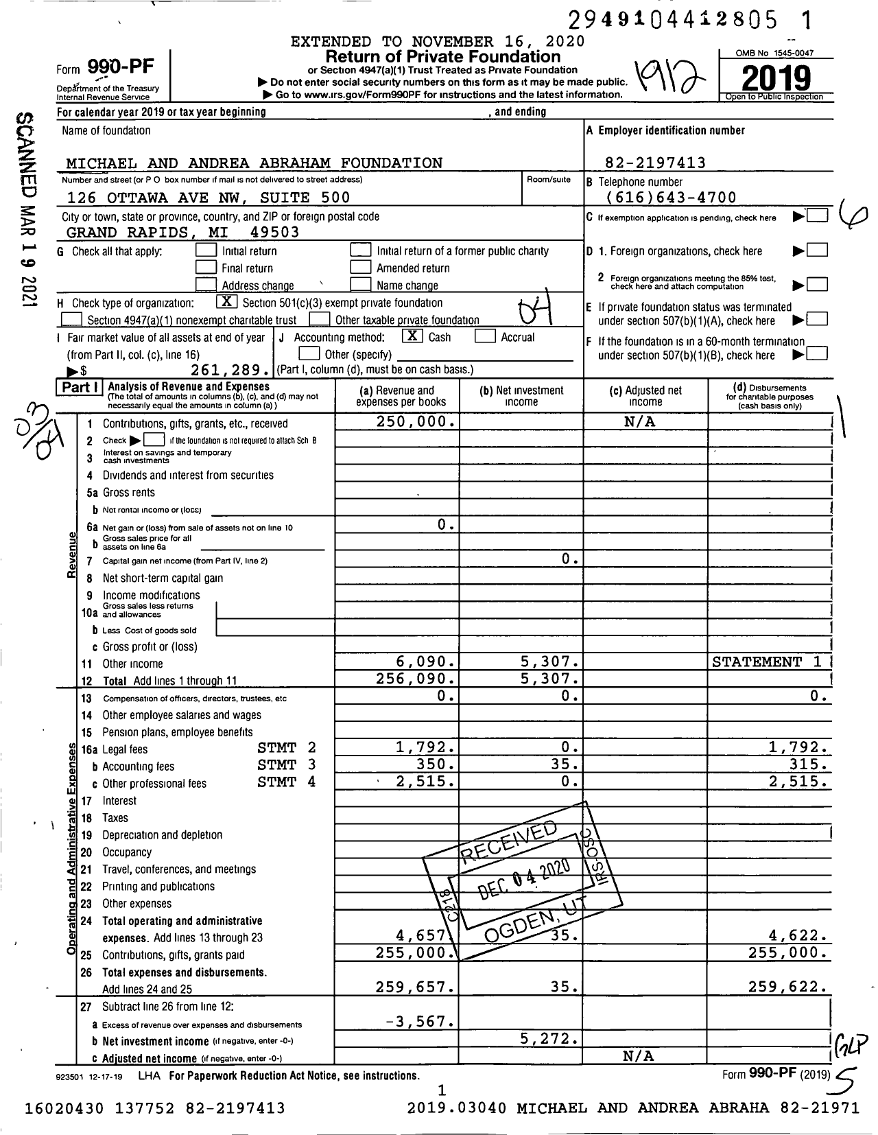 Image of first page of 2019 Form 990PF for Michael and Andrea Abraham Foundation