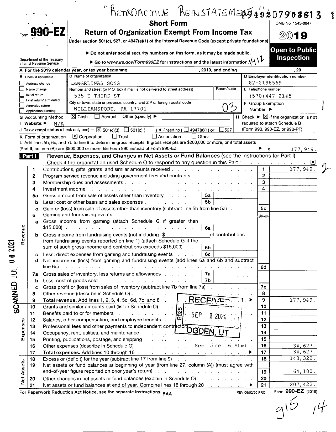 Image of first page of 2019 Form 990EZ for Angelinas Song