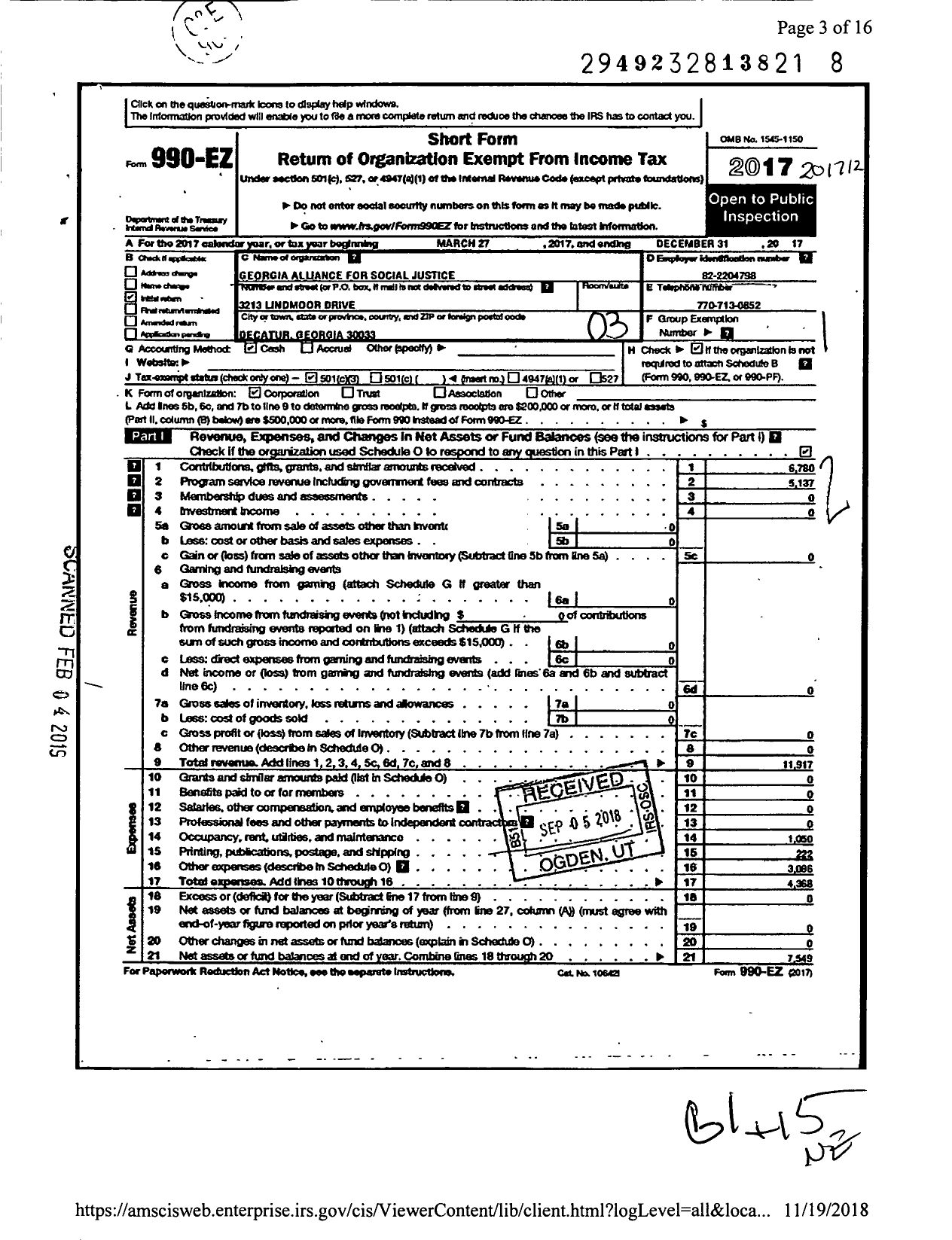 Image of first page of 2017 Form 990EZ for Georgia Alliance for Social Justice