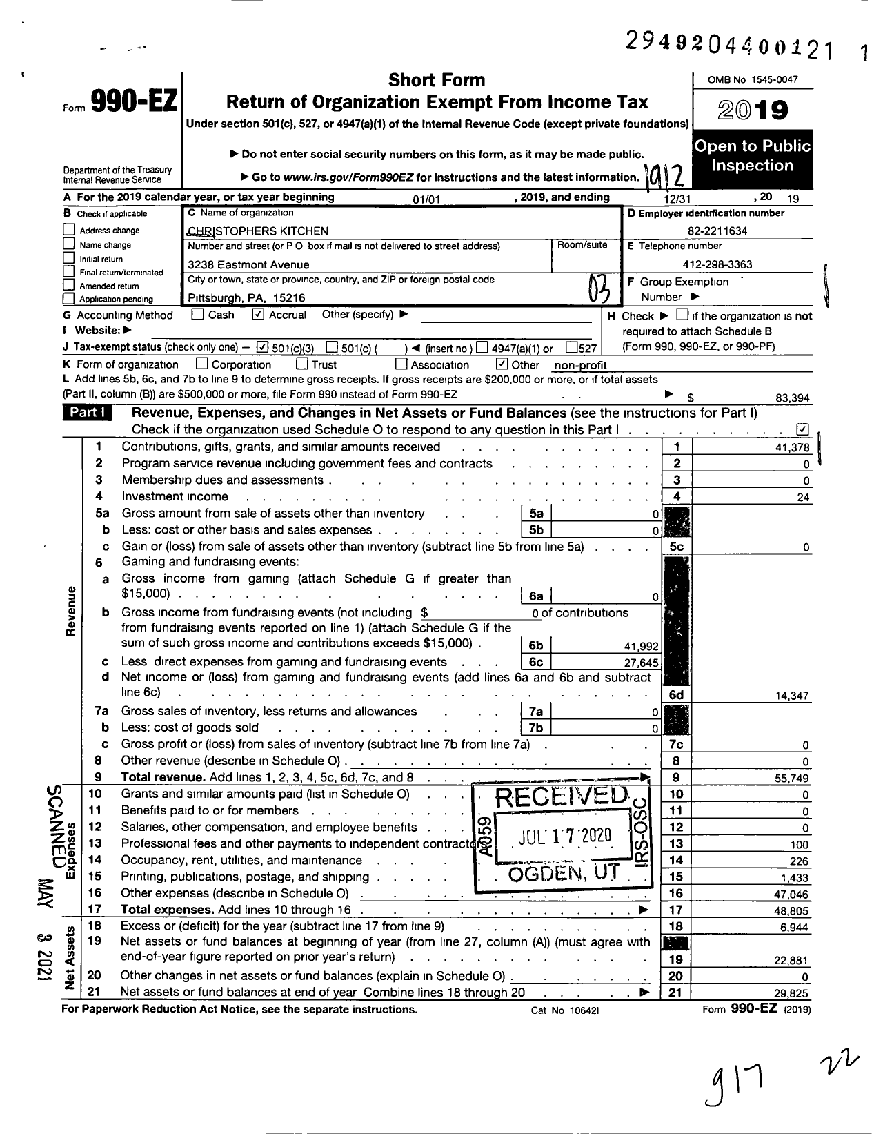 Image of first page of 2019 Form 990EZ for Christophers Kitchen