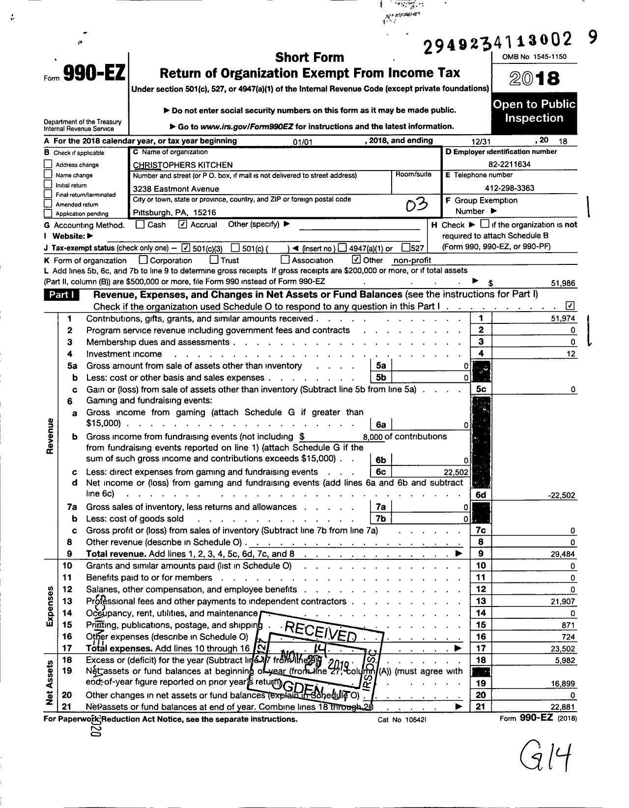 Image of first page of 2018 Form 990EZ for Christophers Kitchen