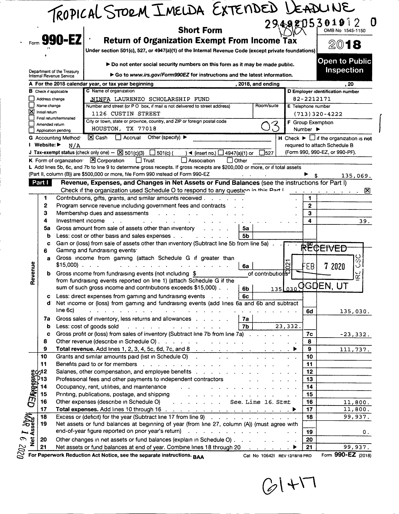 Image of first page of 2018 Form 990EZ for Ninfa Laurenzo Scholarship Fund