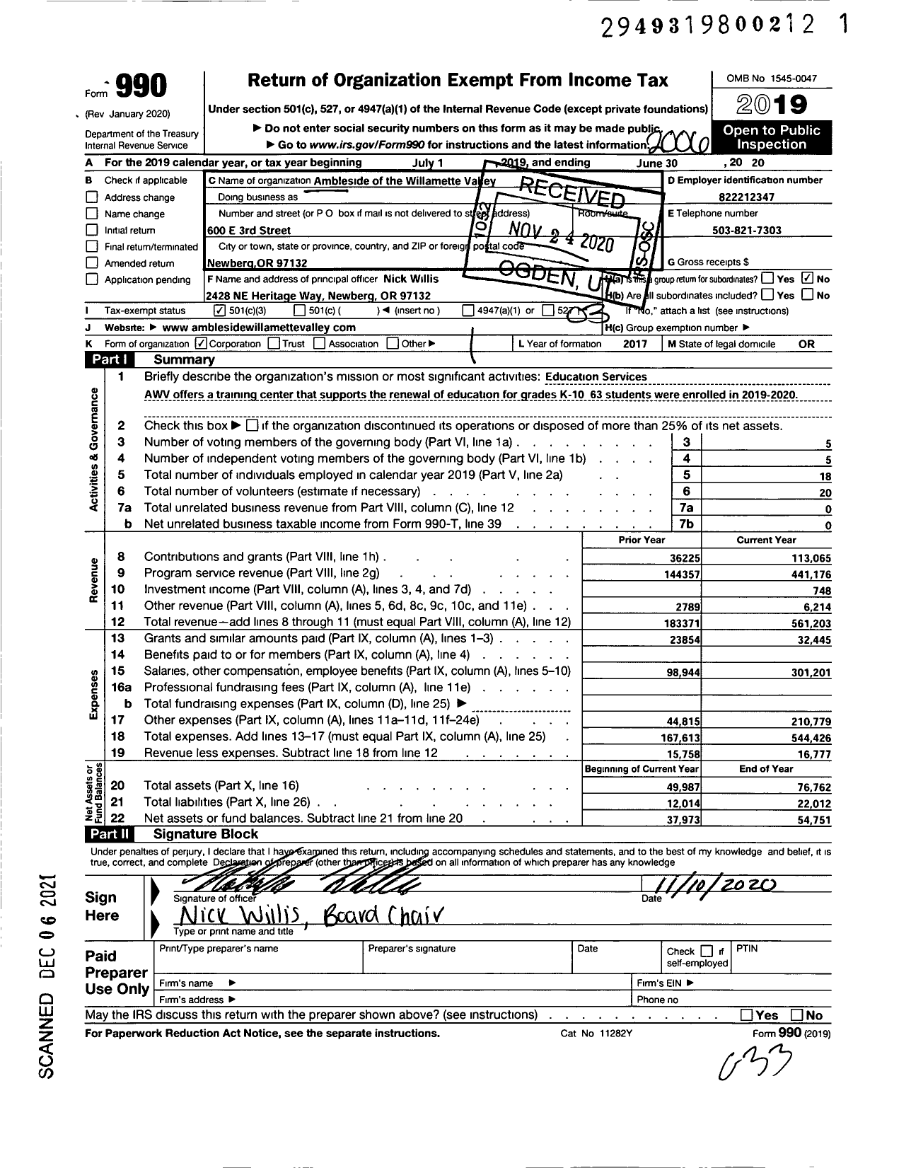 Image of first page of 2019 Form 990 for Ambleside of the Willamette Valley