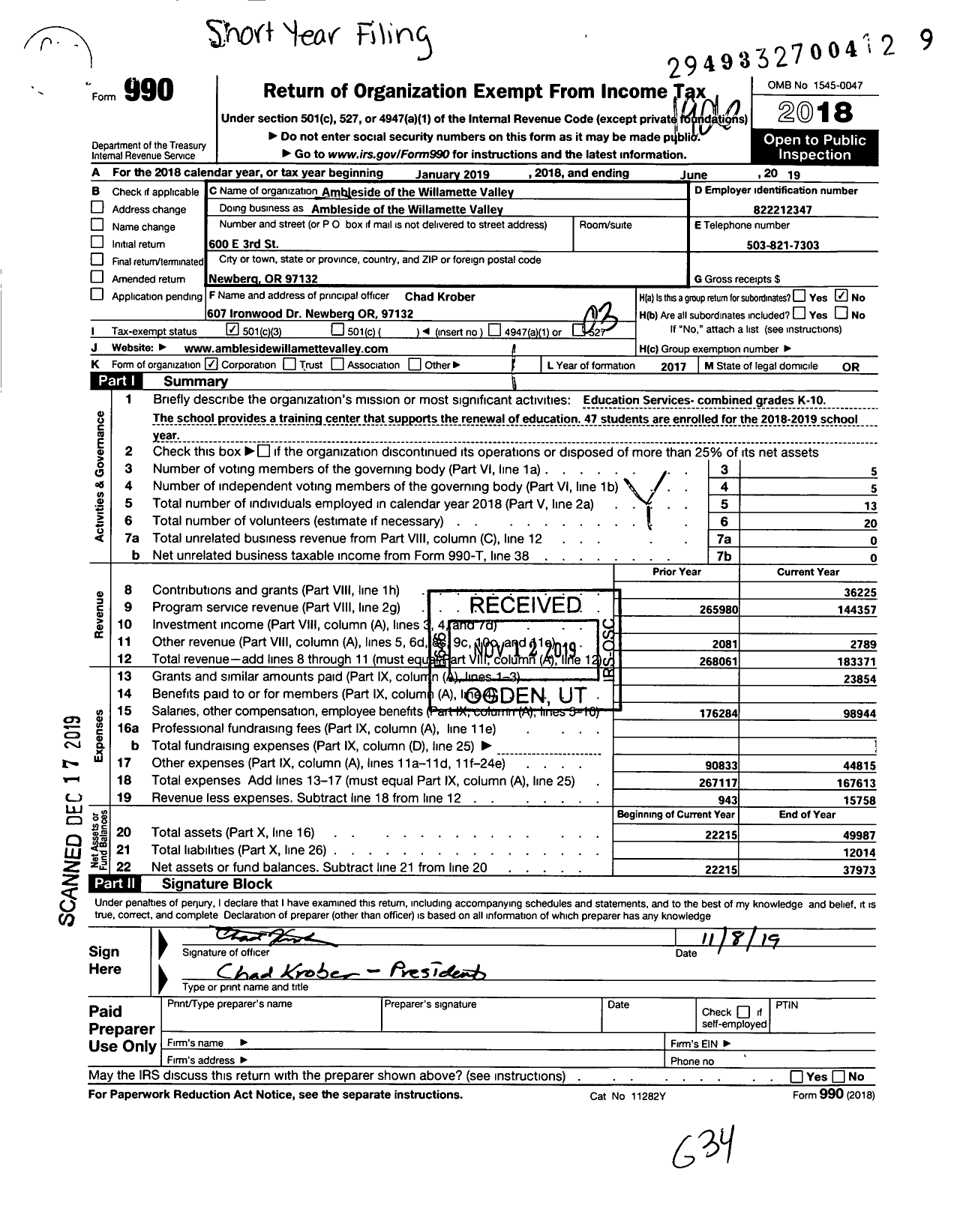 Image of first page of 2018 Form 990 for Ambleside of the Willamette Valley