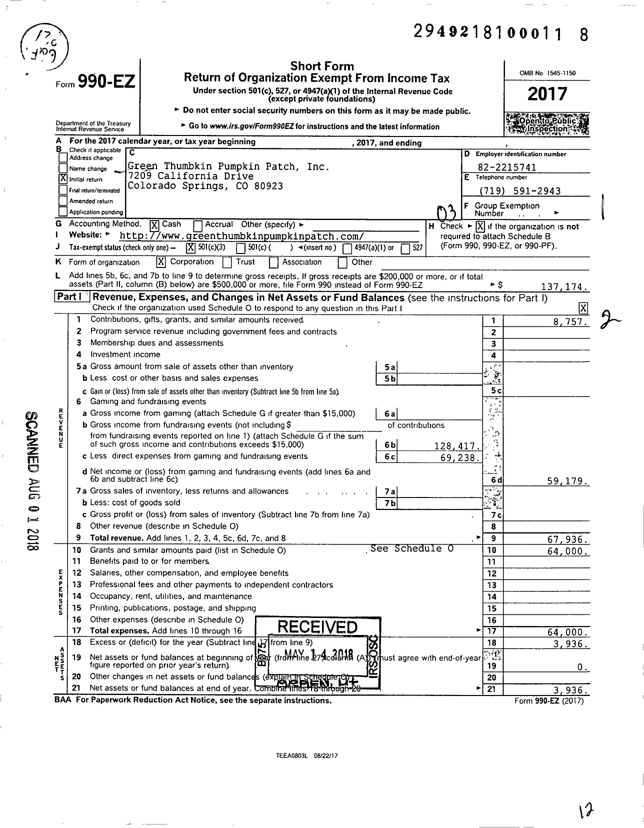 Image of first page of 2017 Form 990EZ for Green Thumbkin Pumpkin Patch