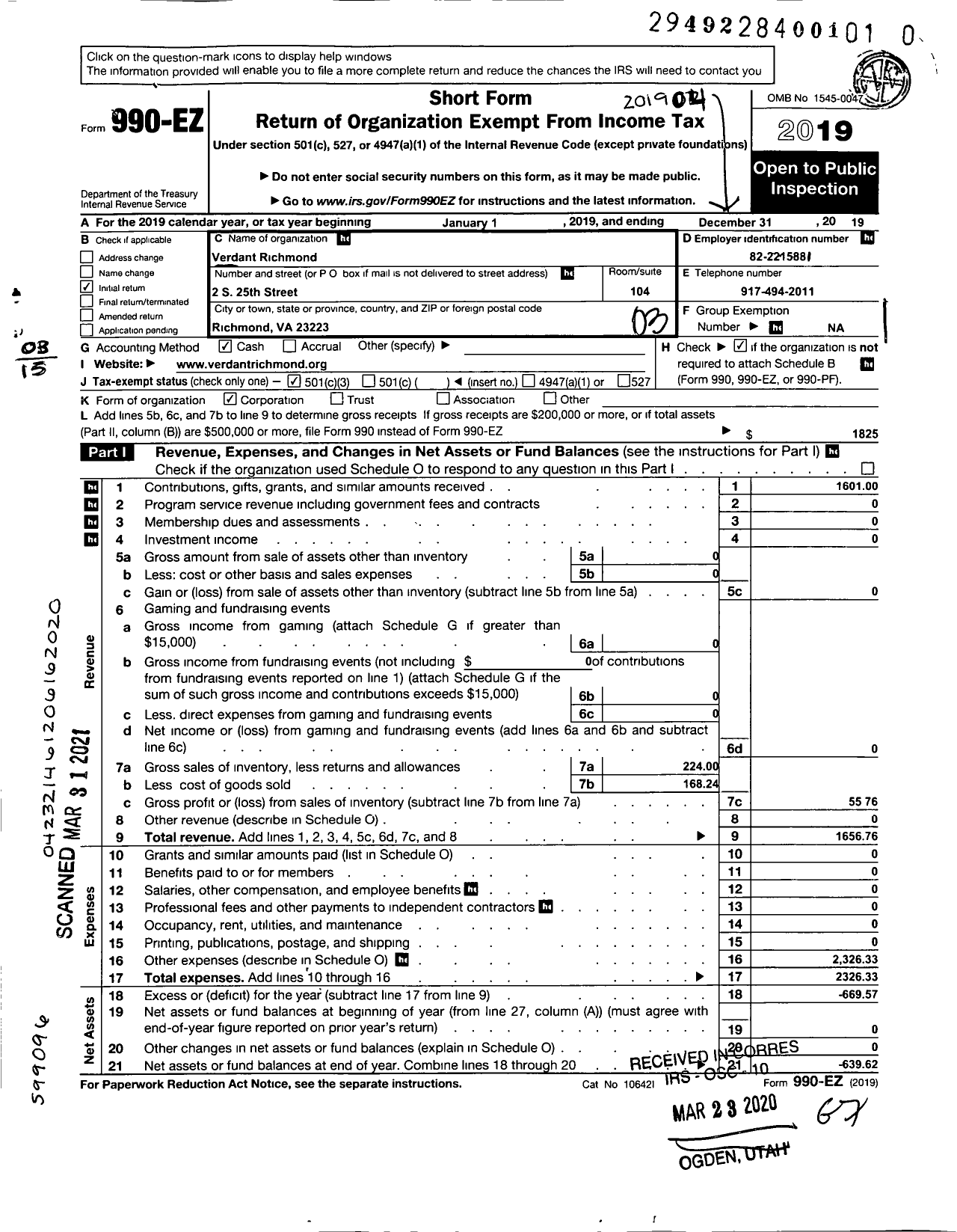 Image of first page of 2018 Form 990EZ for Verdant Richmond