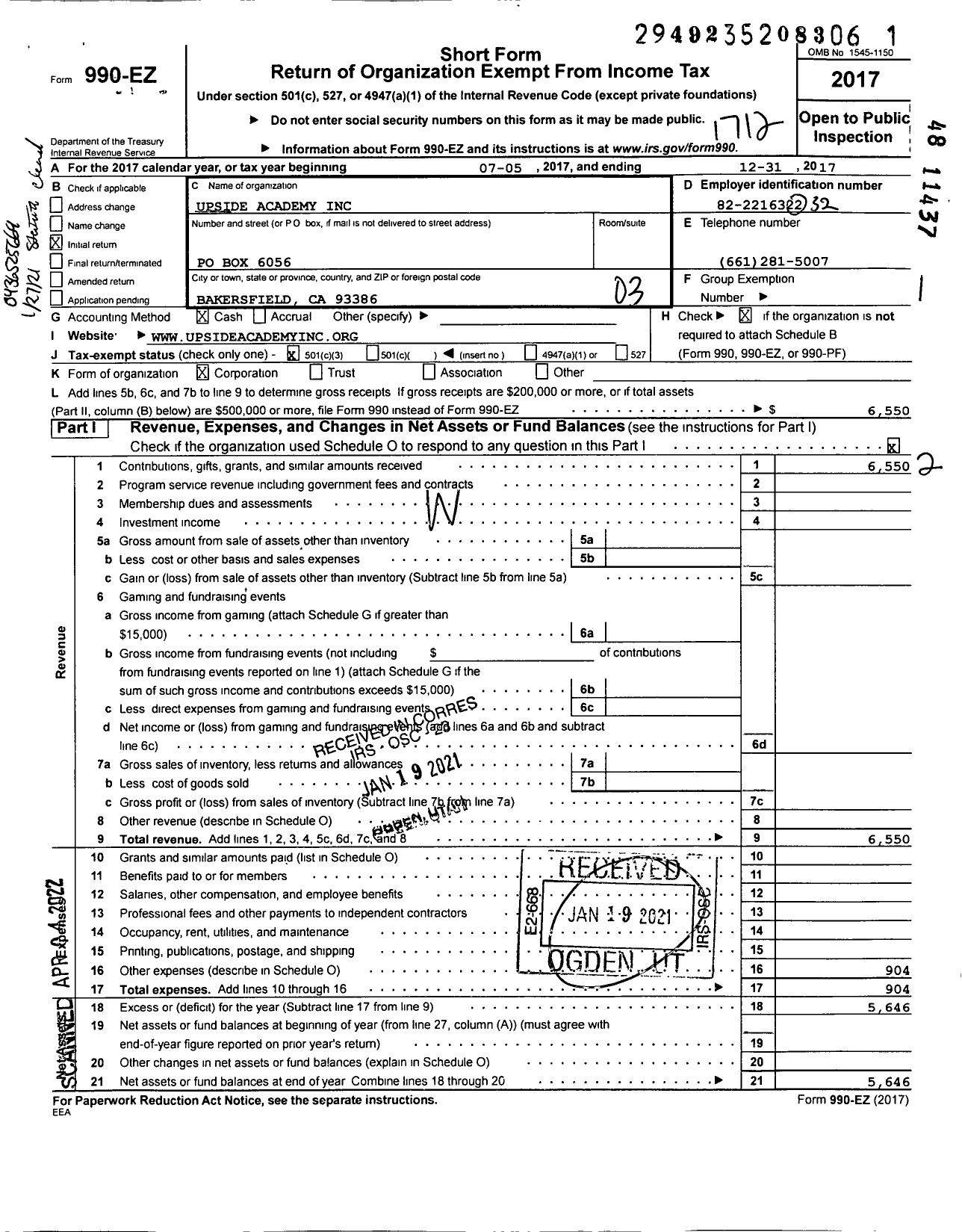 Image of first page of 2017 Form 990EZ for Upside Academy