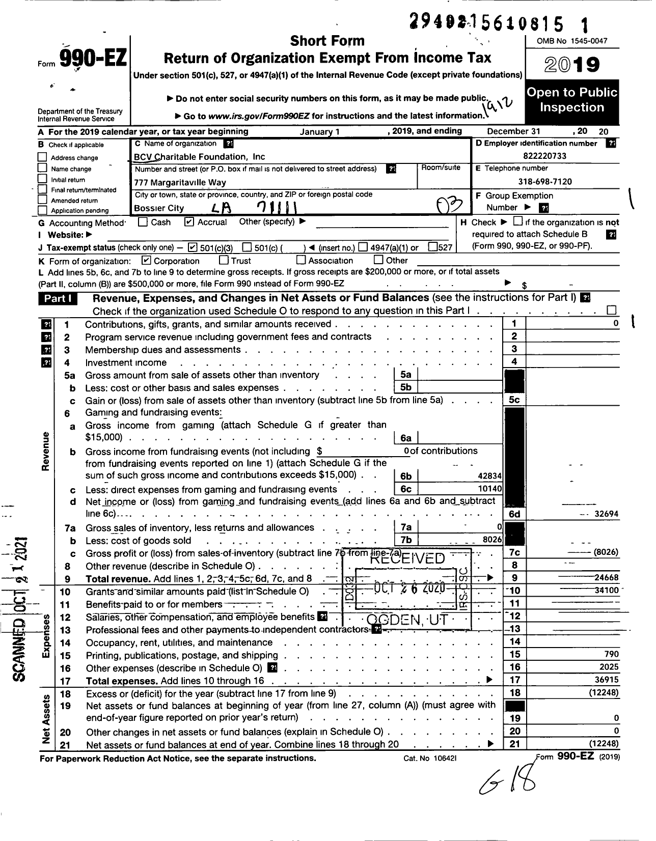 Image of first page of 2019 Form 990EZ for BCV Charitable Foundation