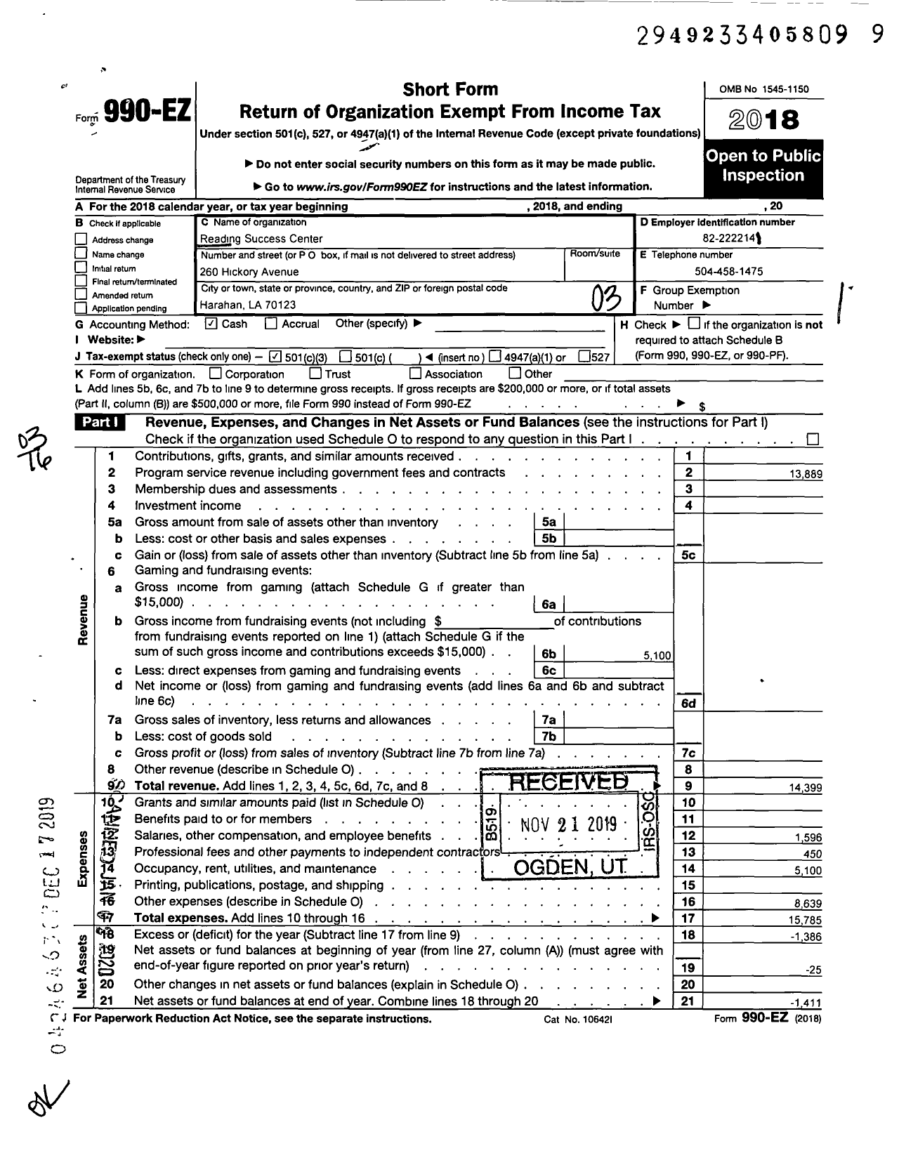 Image of first page of 2018 Form 990EZ for Reading Success Center