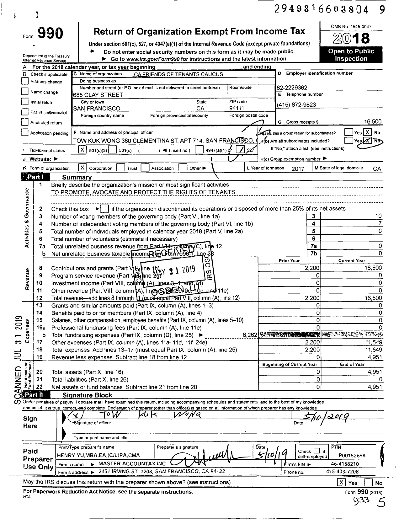 Image of first page of 2018 Form 990 for California Friends of Tenants Caucus