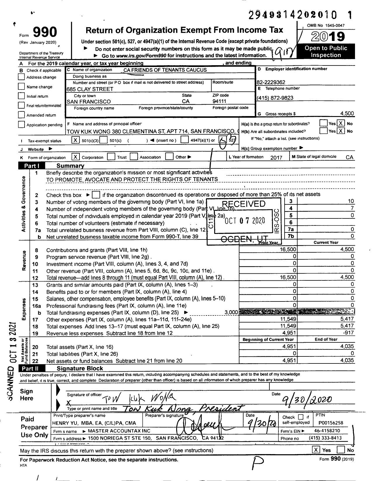 Image of first page of 2019 Form 990 for California Friends of Tenants Caucus