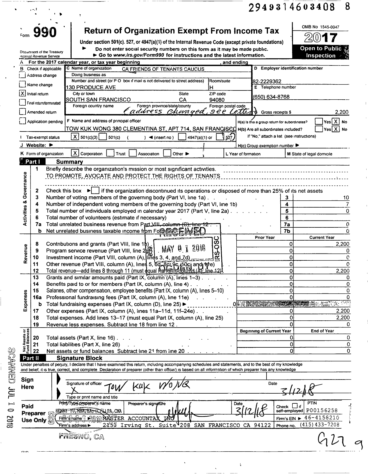 Image of first page of 2017 Form 990 for California Friends of Tenants Caucus