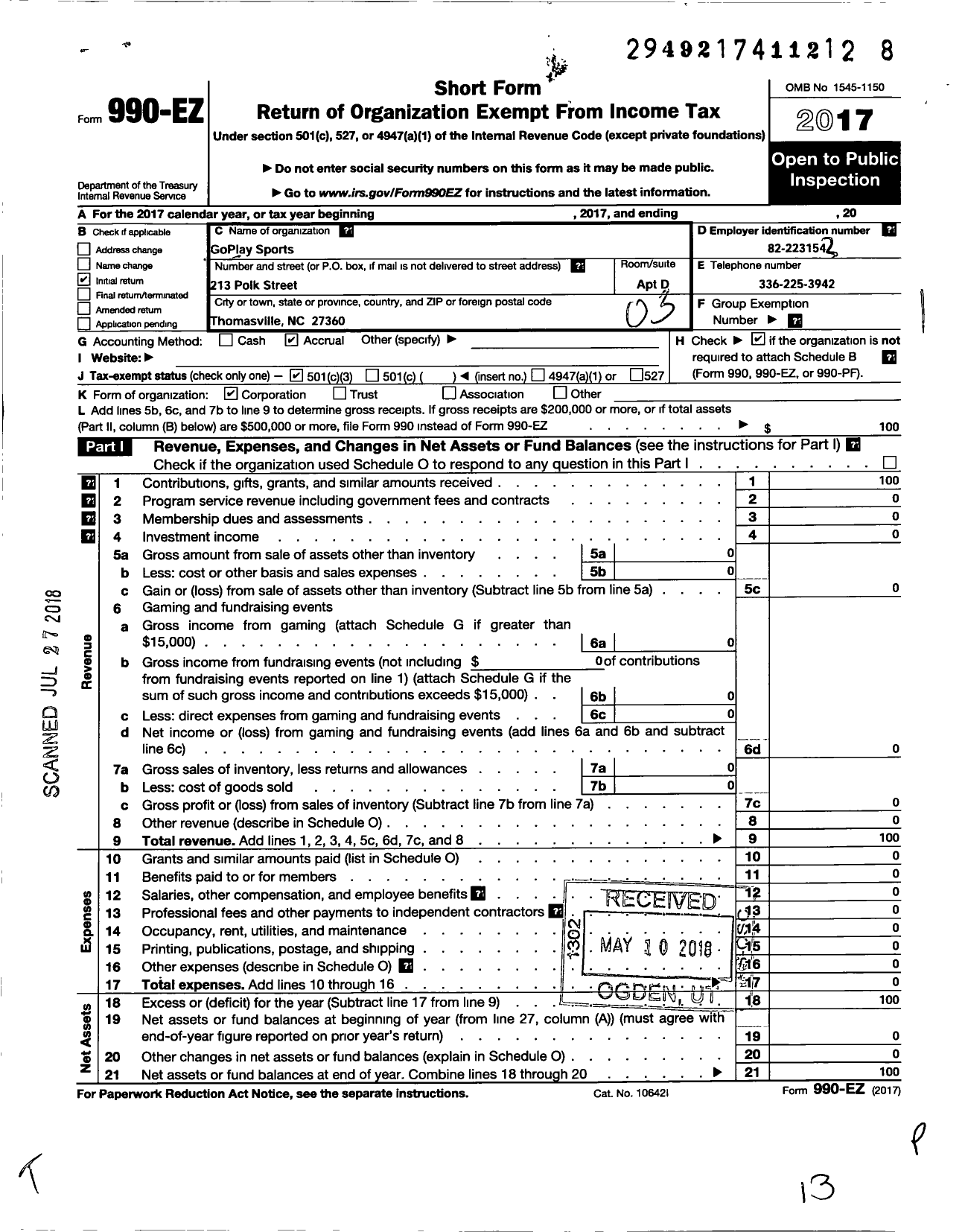 Image of first page of 2017 Form 990EZ for Goplay Sports