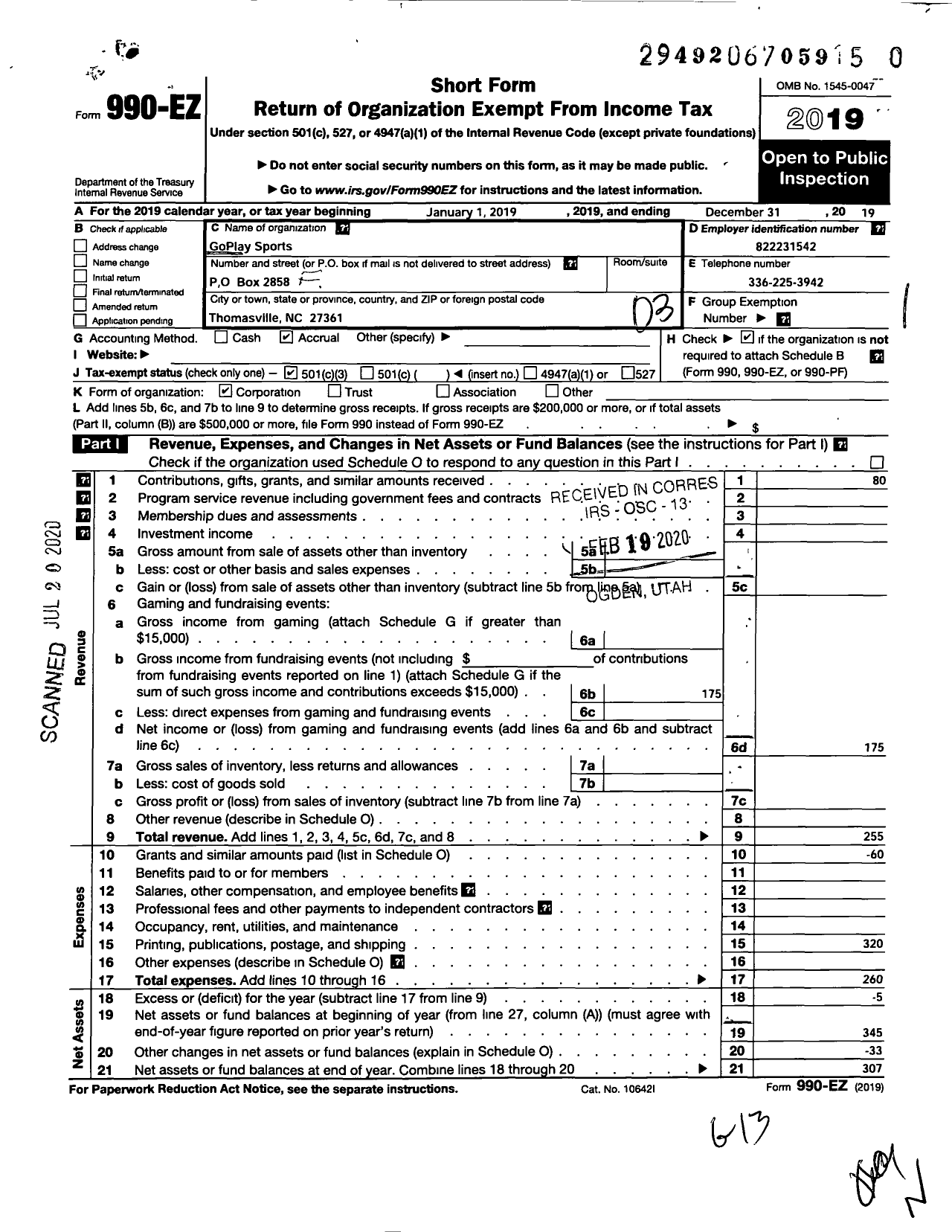 Image of first page of 2019 Form 990EZ for Goplay Sports