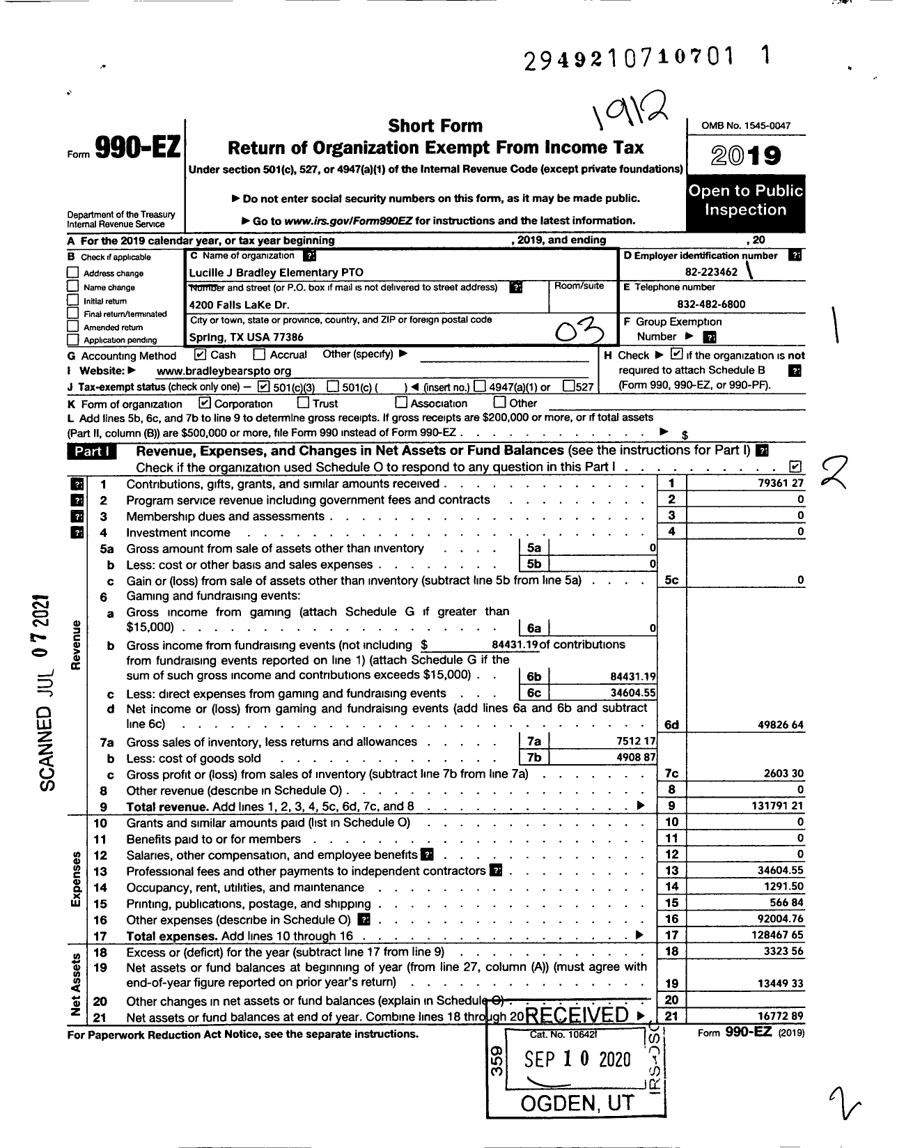 Image of first page of 2019 Form 990EZ for Lucille J Bradley Elementary School