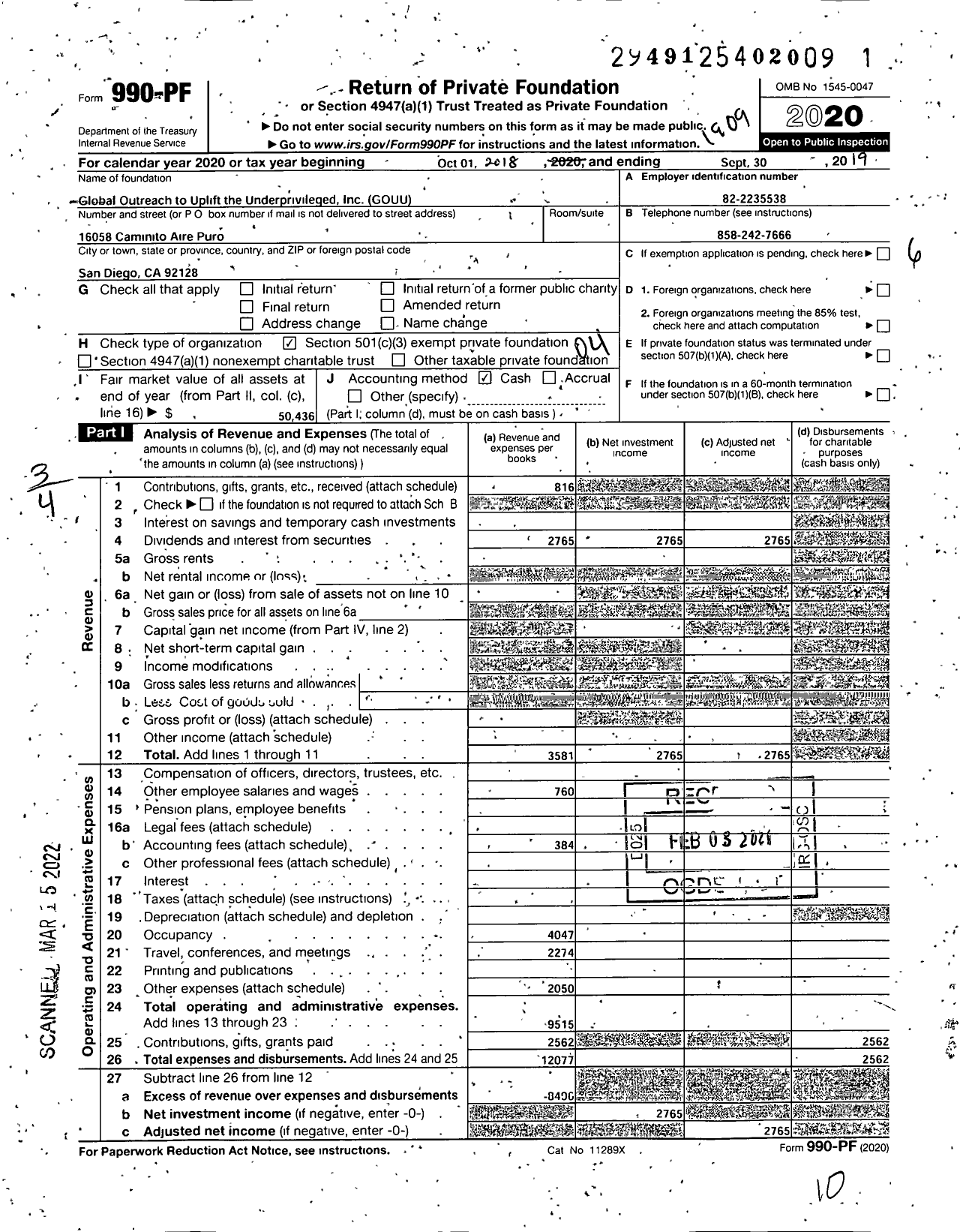 Image of first page of 2018 Form 990PF for Global Outreach To Uplift the Underprivileged