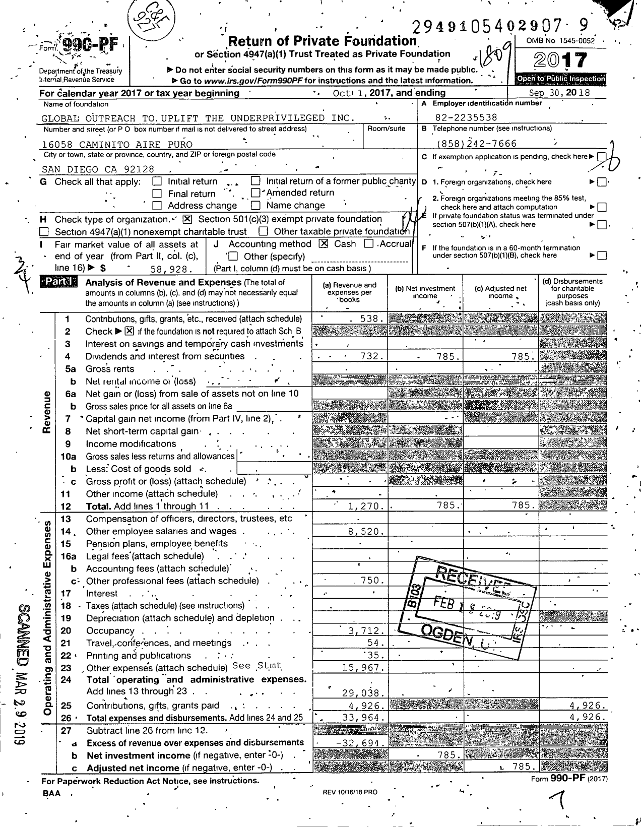 Image of first page of 2017 Form 990PF for Global Outreach To Uplift the Underprivileged