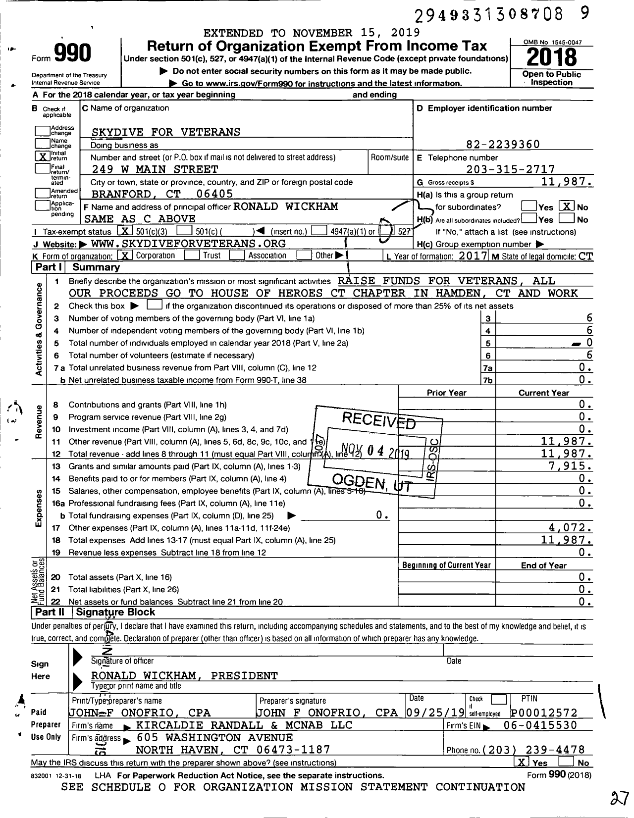 Image of first page of 2018 Form 990 for Skydive for Veterans