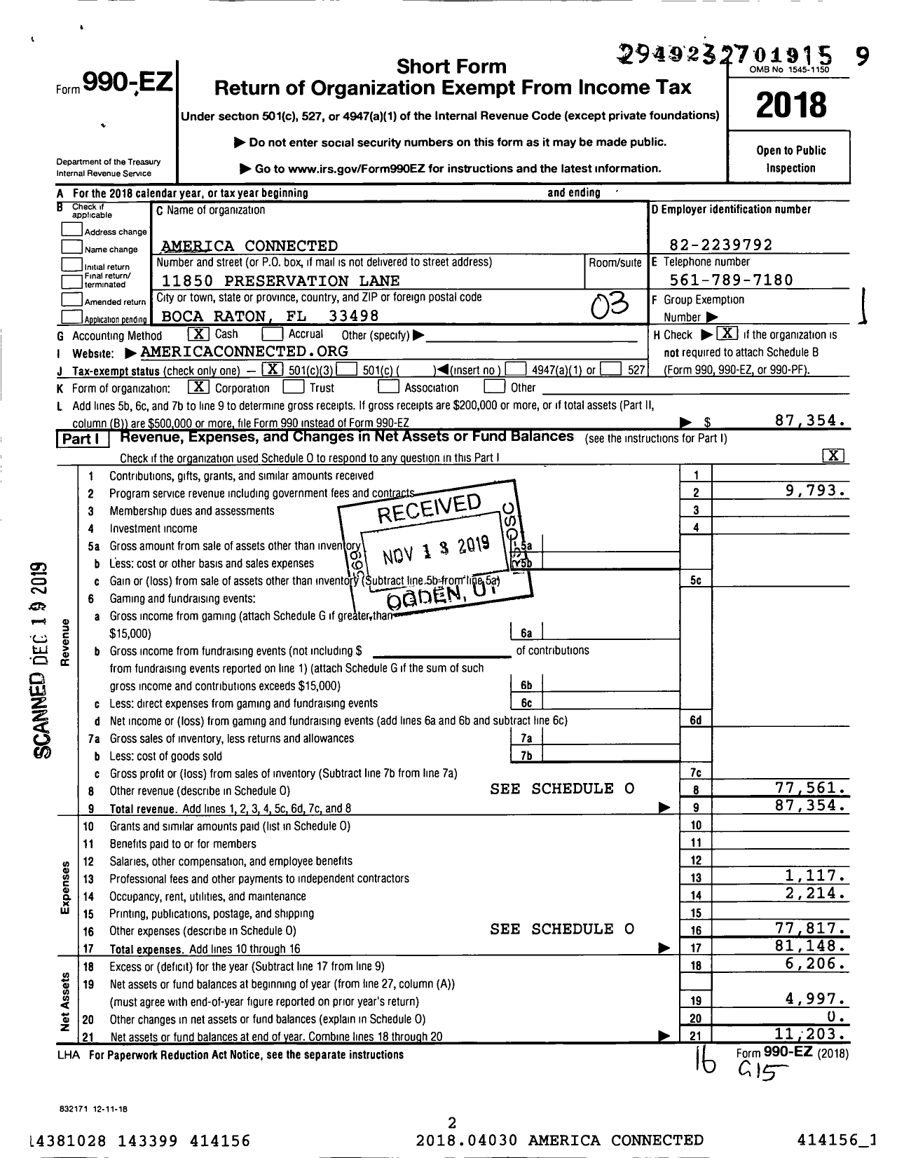 Image of first page of 2018 Form 990EZ for America Connected