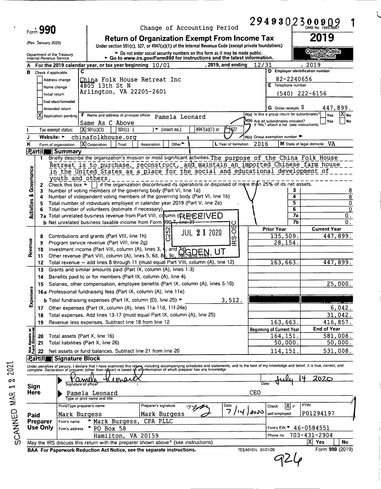 Image of first page of 2019 Form 990 for China Folk House Retreat