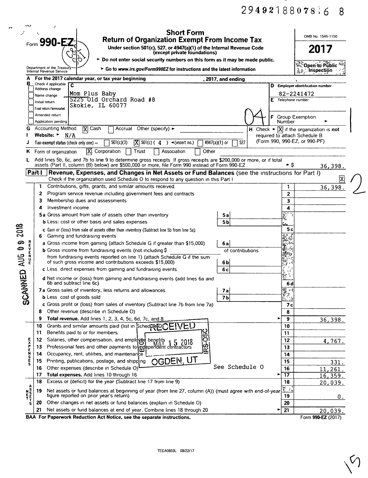 Image of first page of 2017 Form 990EO for Mom Plus Baby NFP