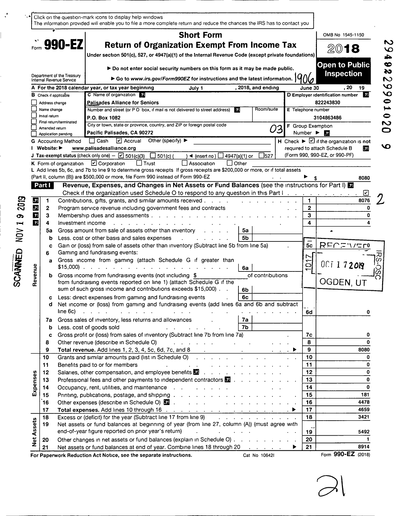 Image of first page of 2018 Form 990EZ for Palisades Alliance for Seniors