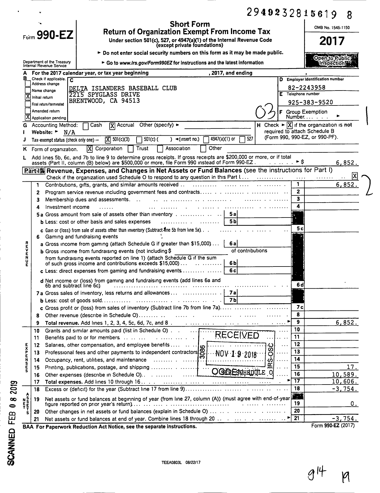 Image of first page of 2017 Form 990EZ for Delta Islanders Baseball Club