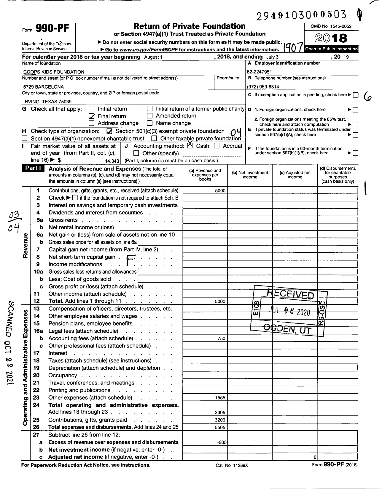 Image of first page of 2018 Form 990PF for Coops Kids Foundation