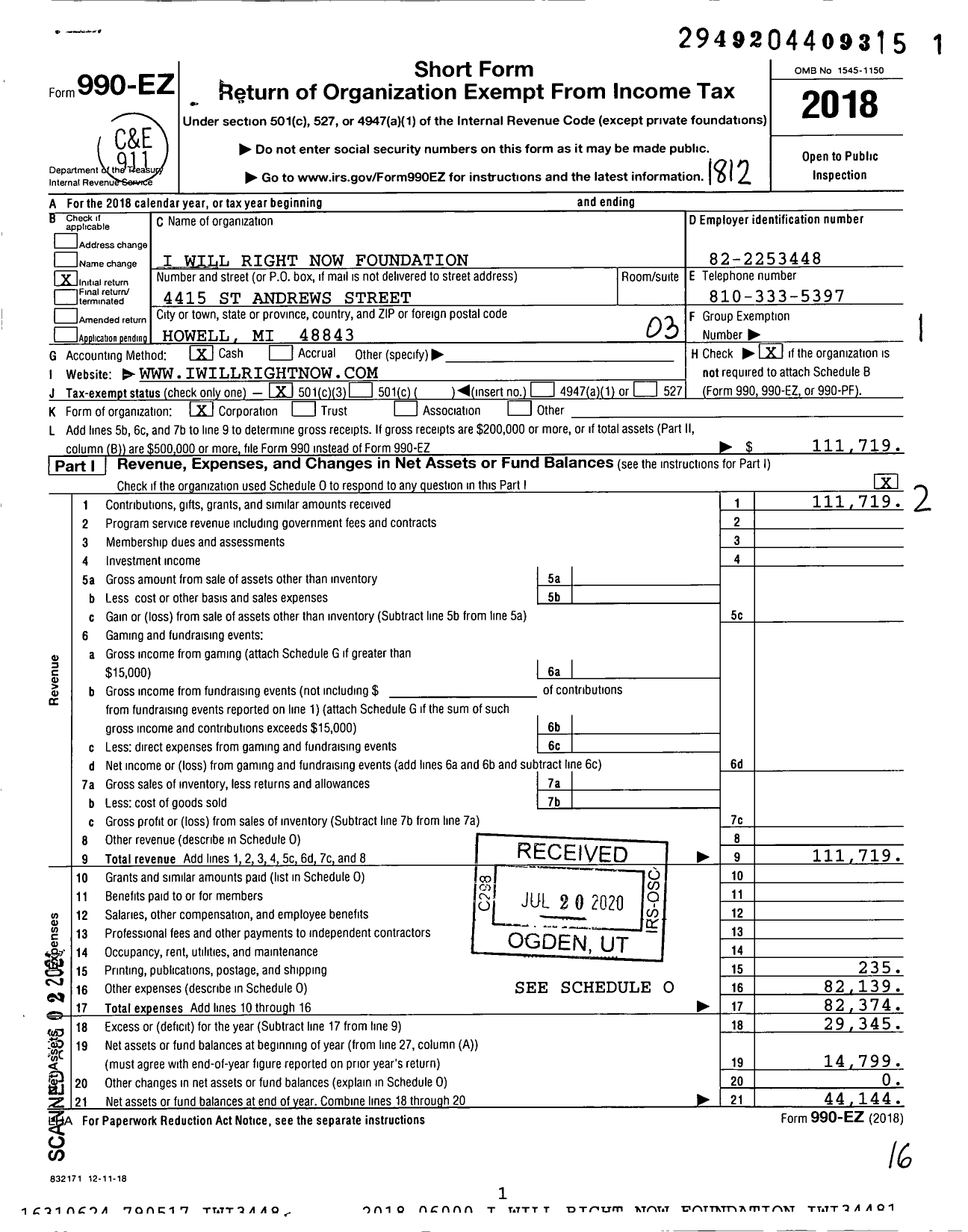 Image of first page of 2018 Form 990EZ for I Will Right Now Foundation