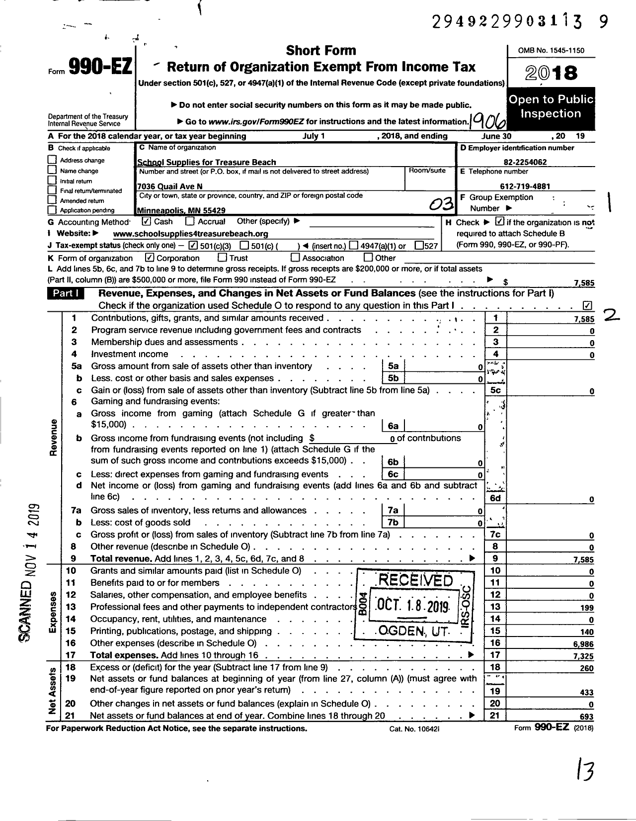 Image of first page of 2018 Form 990EZ for School Supplies for Treasure Beach