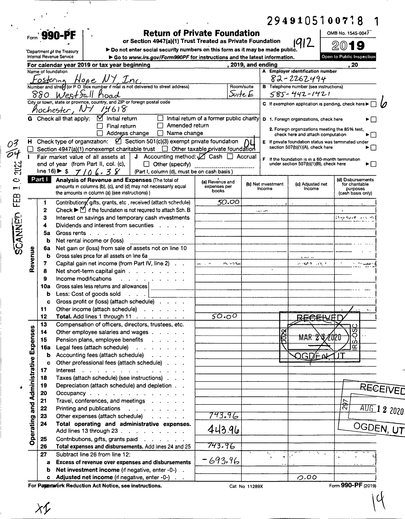 Image of first page of 2019 Form 990PF for Fostering Hope Ny