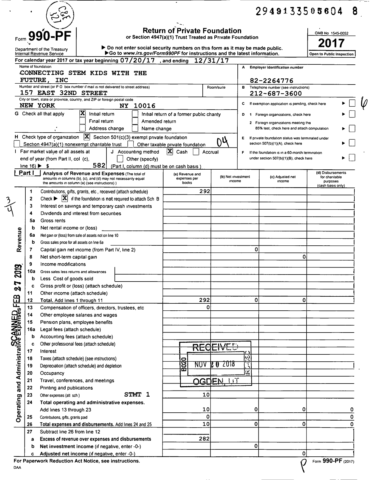 Image of first page of 2017 Form 990PF for Connecting Stem Kids with the Future