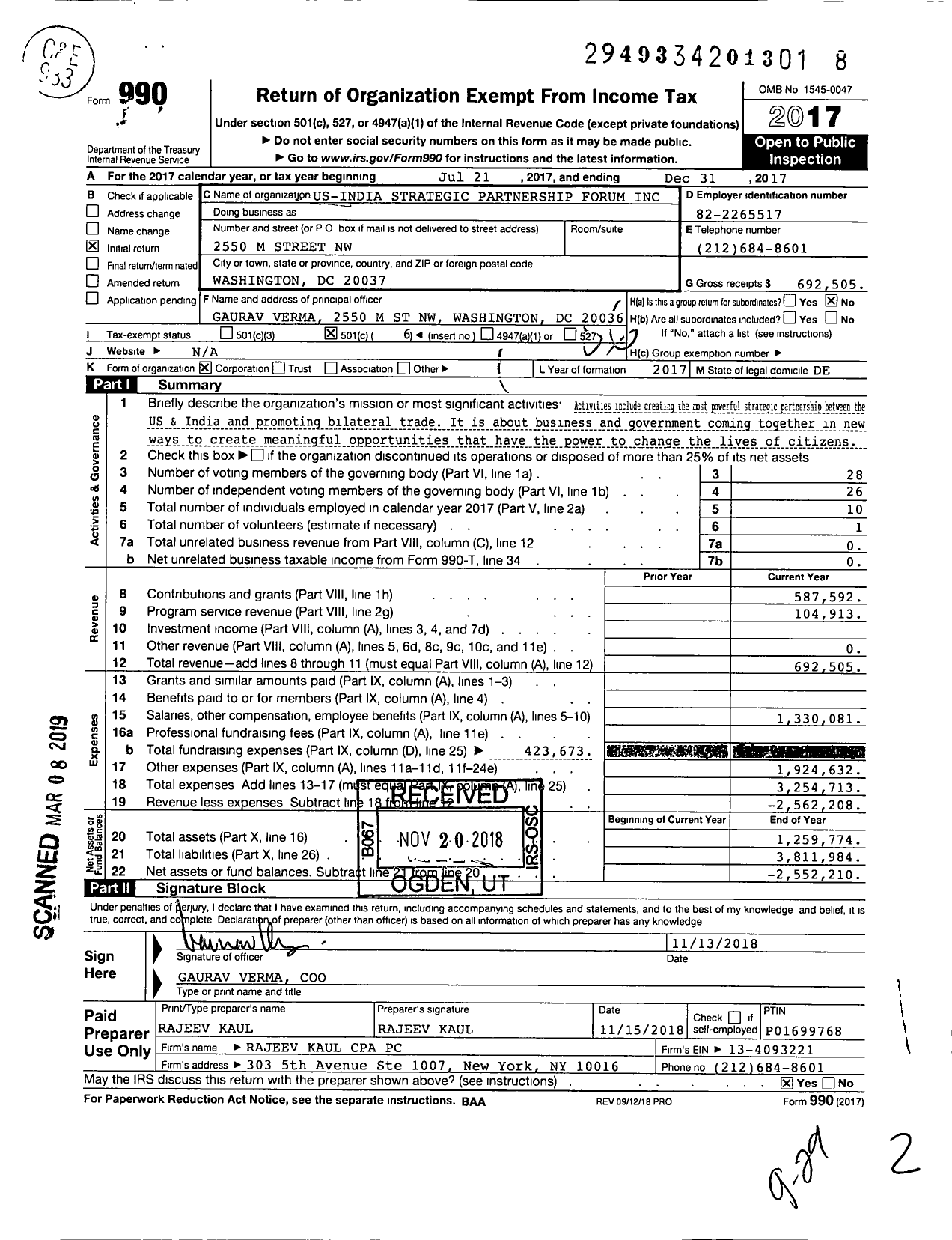 Image of first page of 2017 Form 990O for Us-India Strategic Partnership Forum