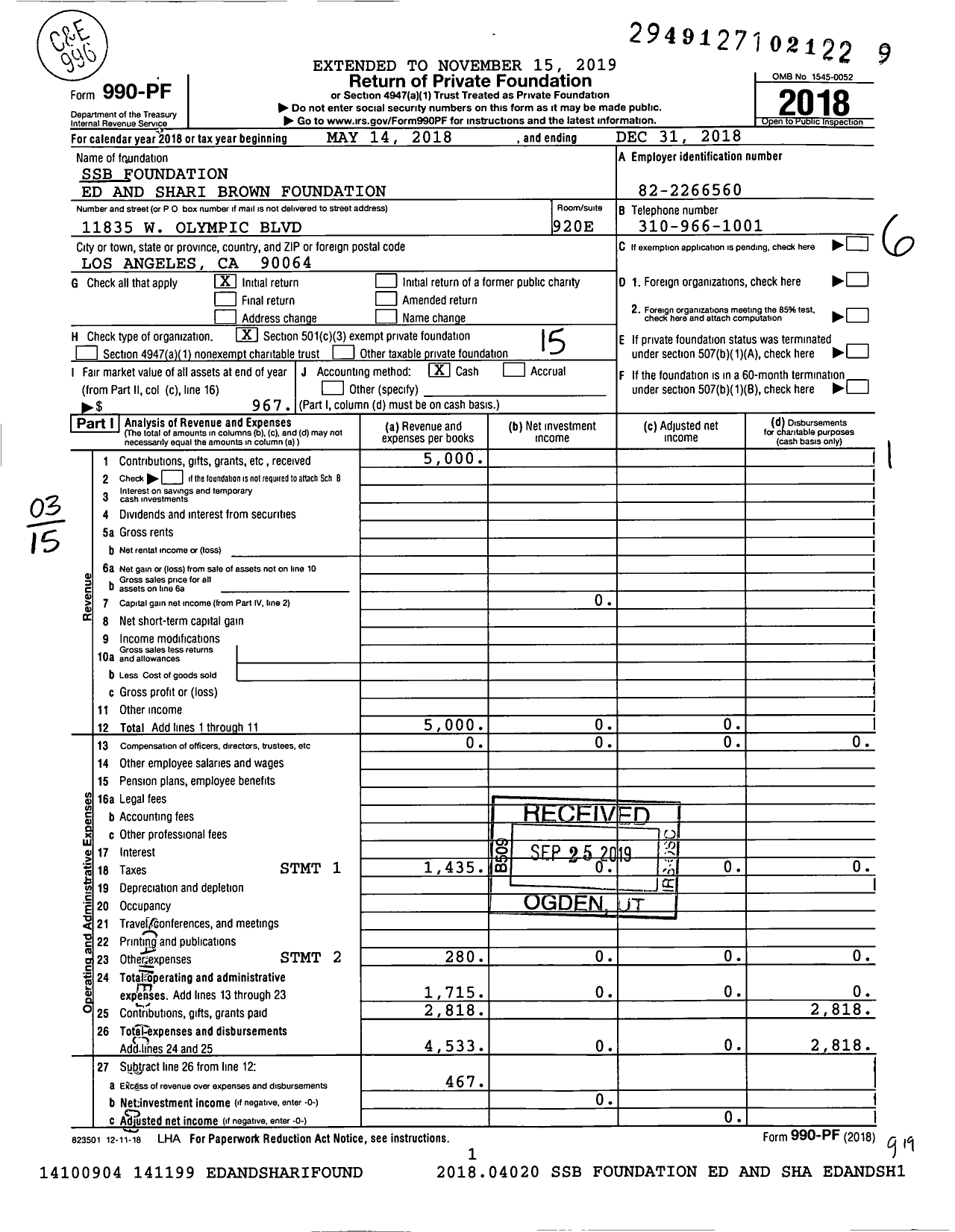 Image of first page of 2018 Form 990PF for SSB Foundation Ed and Shari Brown Foundation