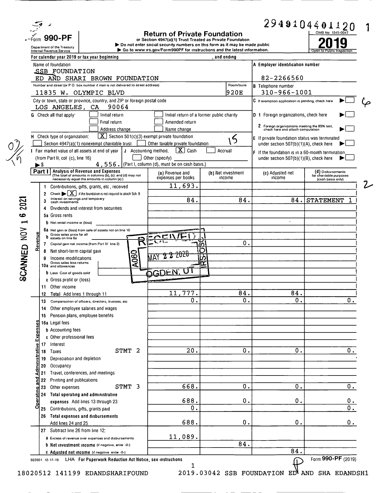 Image of first page of 2019 Form 990PF for SSB Foundation Ed and Shari Brown Foundation