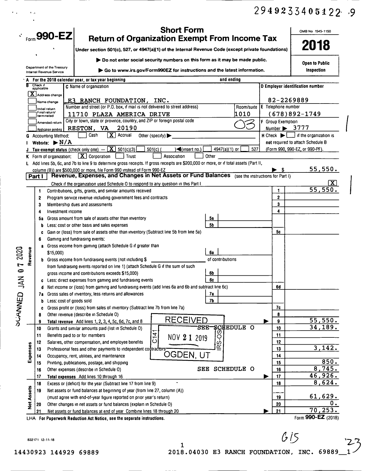 Image of first page of 2018 Form 990EZ for E3 Ranch Foundation