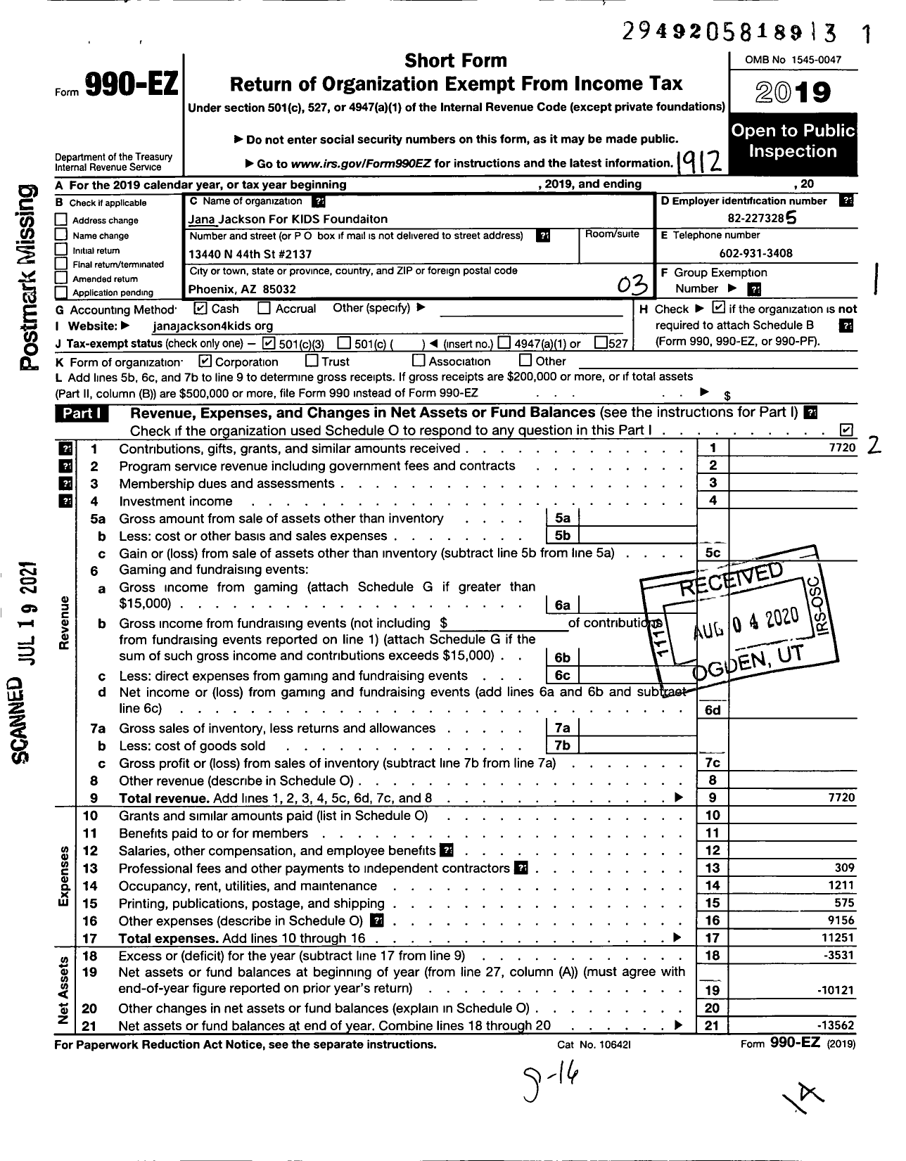 Image of first page of 2019 Form 990EZ for Jana Jackson for Kids Foundation