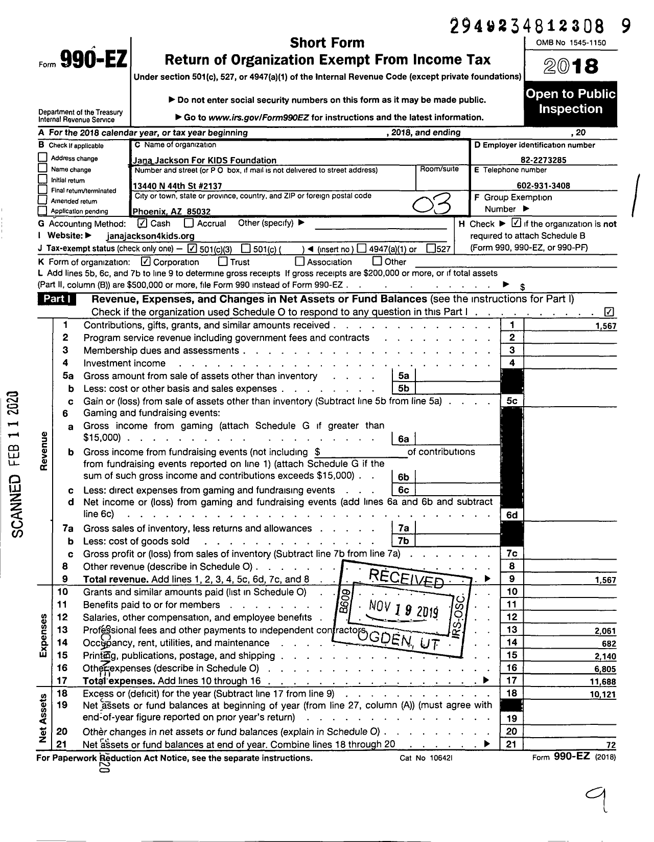 Image of first page of 2018 Form 990EZ for Jana Jackson for Kids Foundation