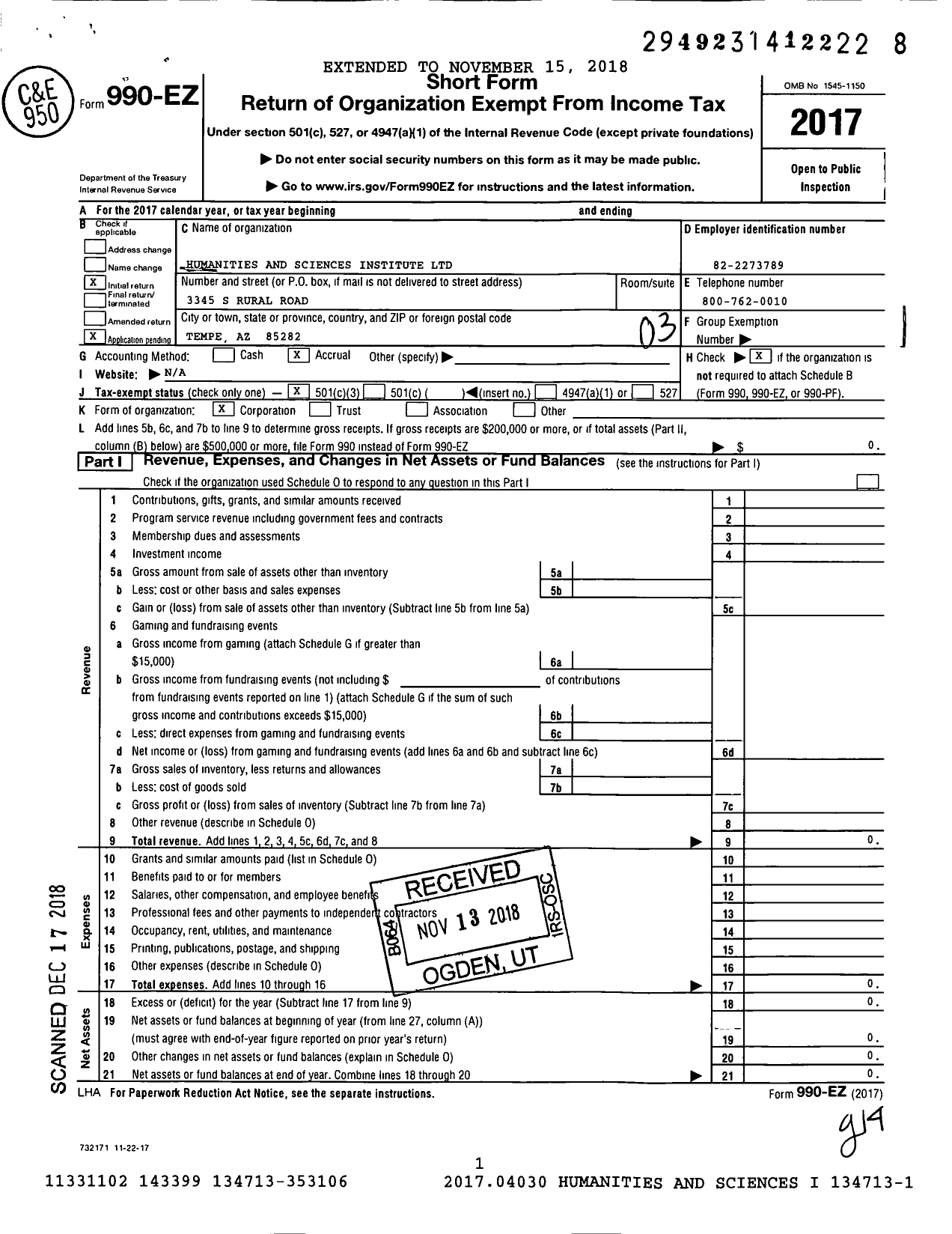 Image of first page of 2017 Form 990EZ for Humanities and Sciences Institute