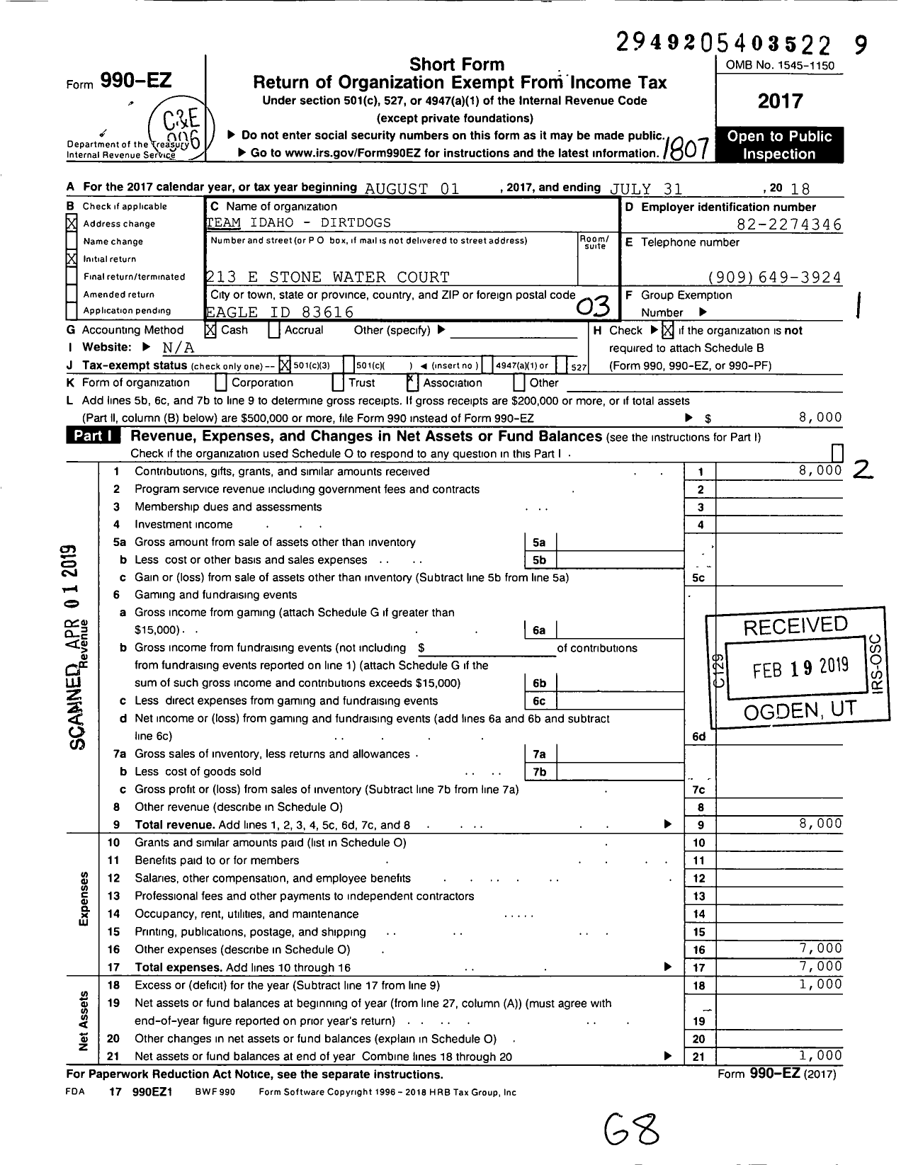 Image of first page of 2017 Form 990EZ for Team Idaho-Dirtdogs