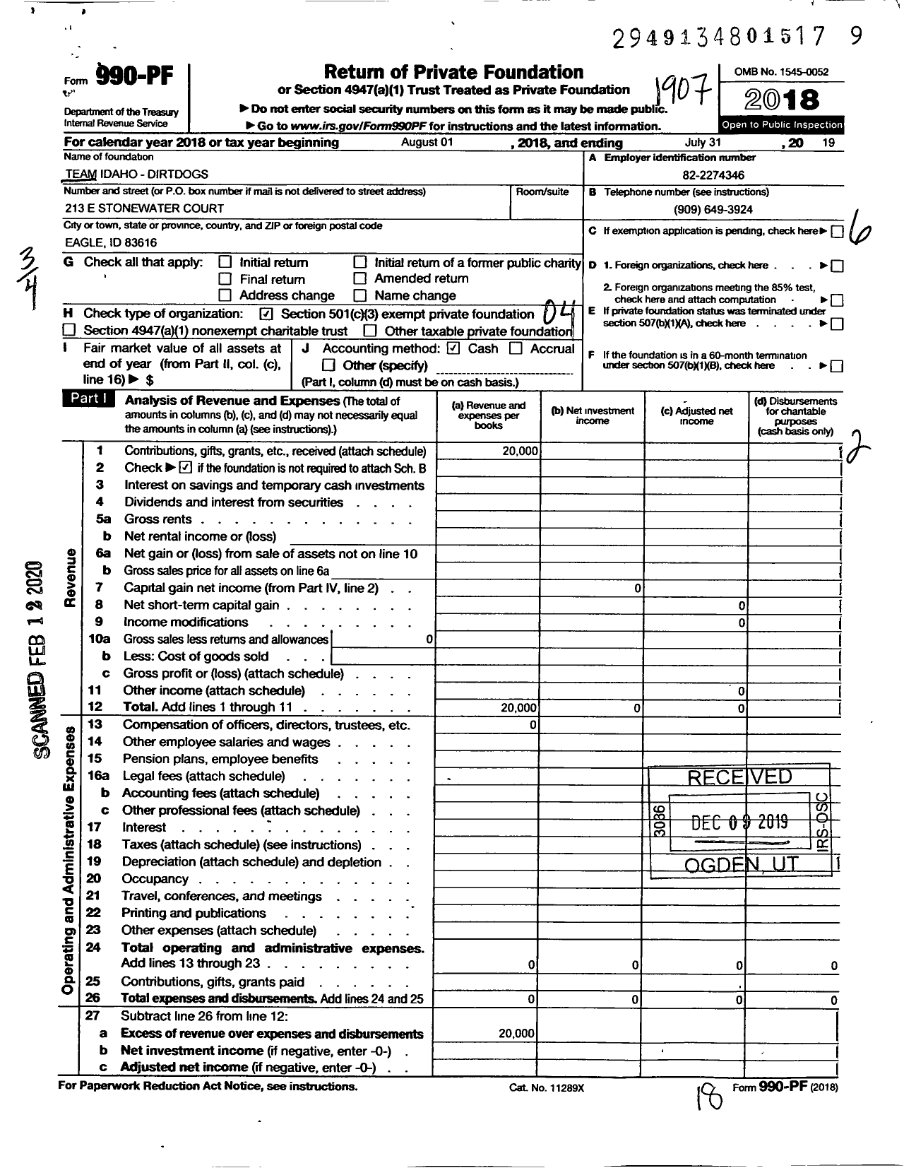 Image of first page of 2018 Form 990PF for Team Idaho-Dirtdogs