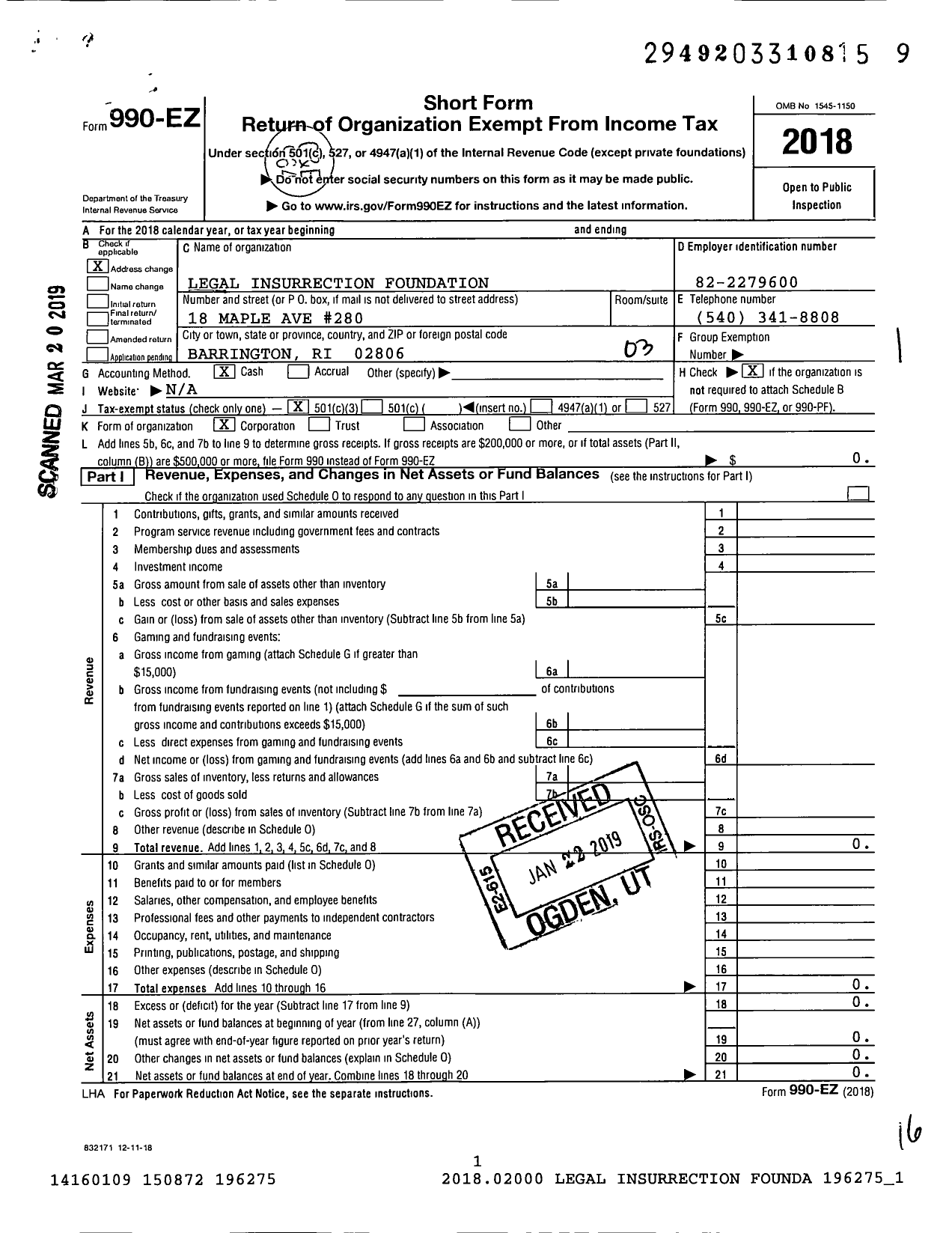 Image of first page of 2018 Form 990EZ for Legal Insurrection Foundation