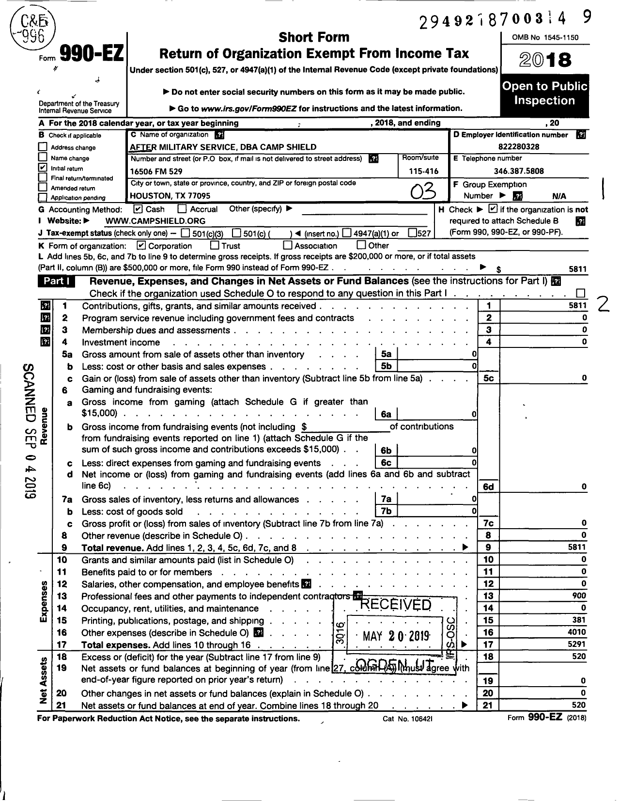 Image of first page of 2018 Form 990EZ for Camp Shield